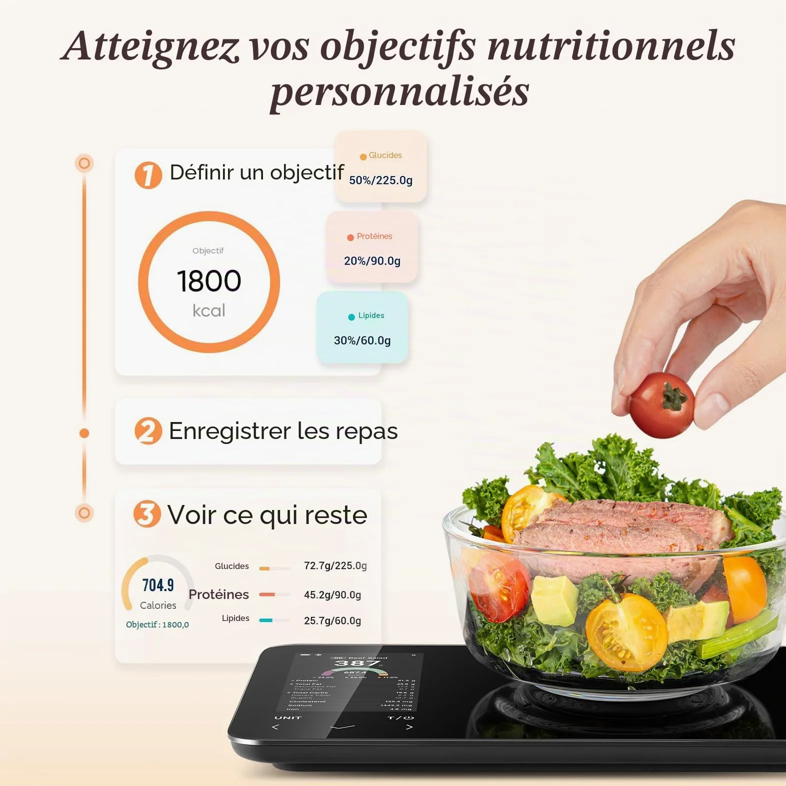COSORI Balance de cuisine numérique intelligente avec calculatrice nutritionnelle, informations nutritionnelles à l'écran, application gratuite pour le suivi des calories et des macros, analyse AI