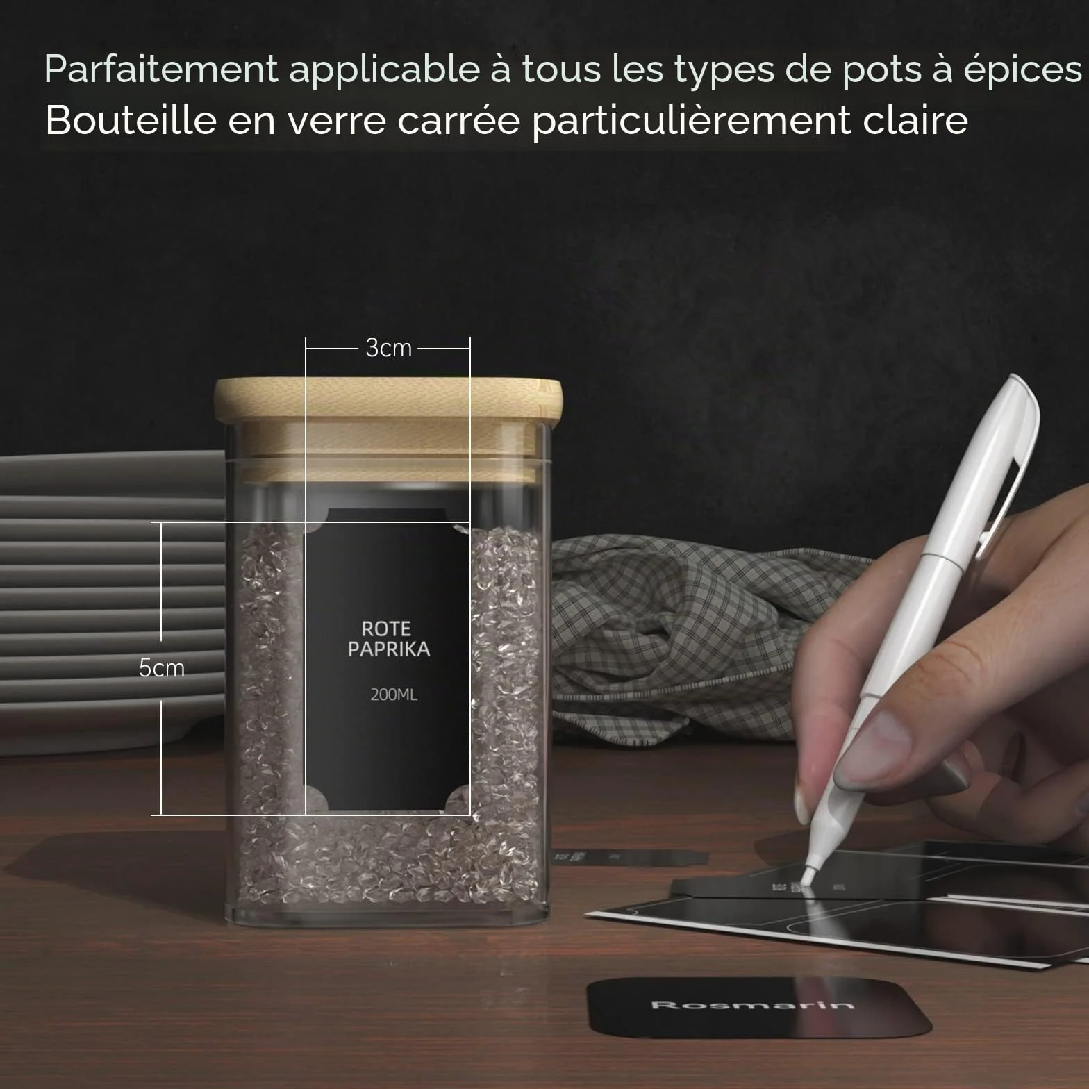 Set de pots à épices carrés 12x200ml, bocal verre avec couvercle bambou, bocaux hermétiques étiquettes marqueurs