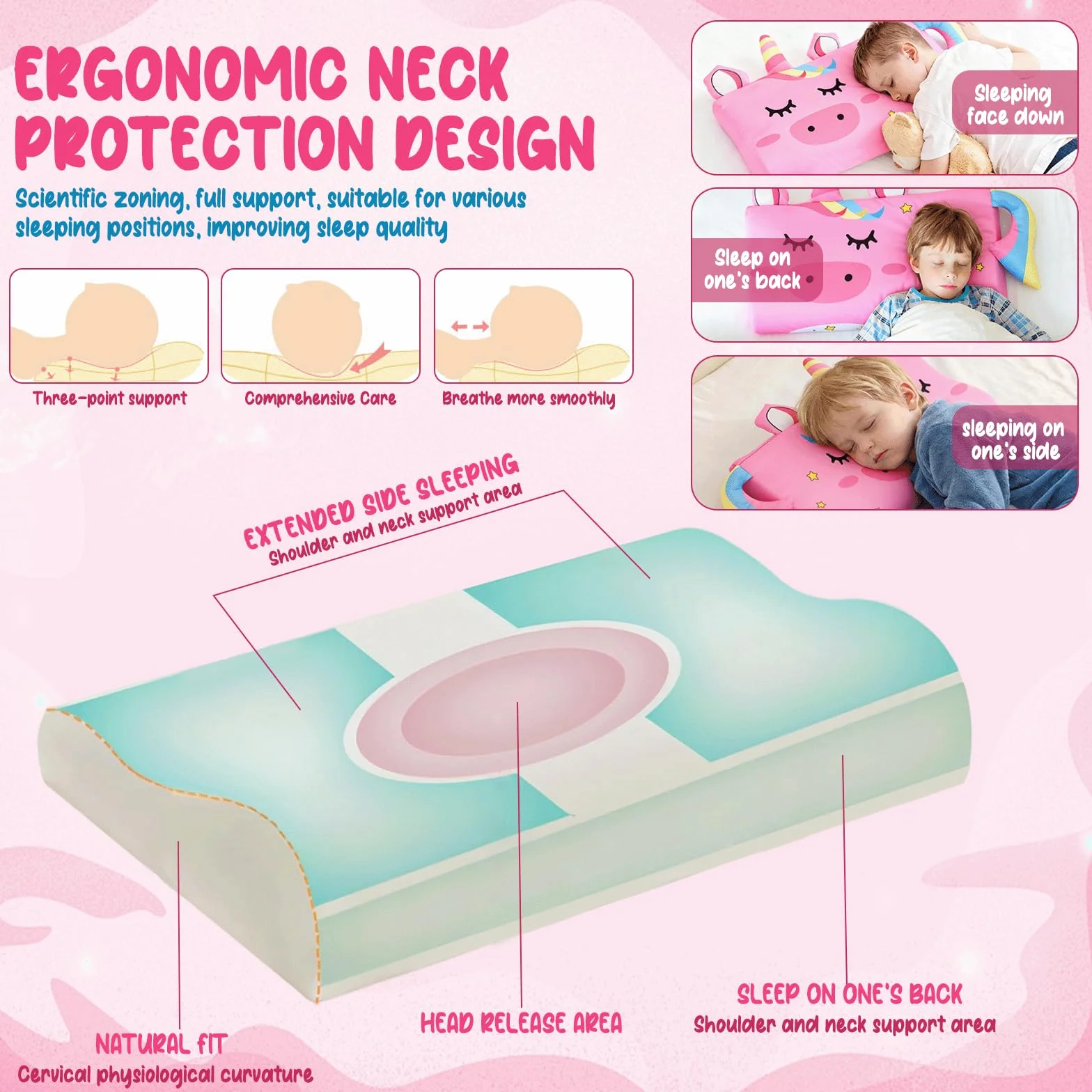 Oreiller Enfant 46x27cm Coussin Bébé Ergonomique Respirant Détachable 2-8 Ans