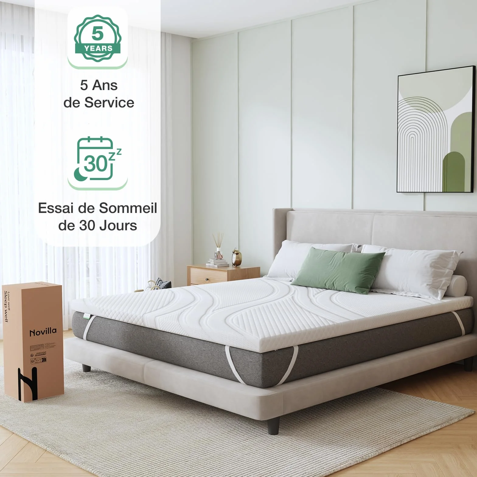 Novilla Surmatelas 140x190 7.5CM Mousse à Mémoire de Forme Gel Antidérapant Lavable