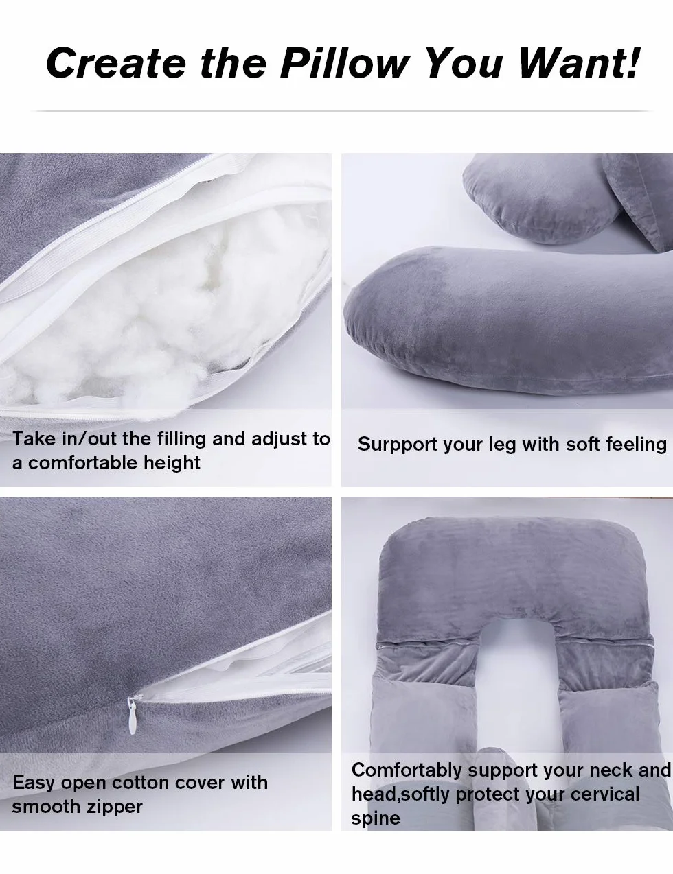 Awesling Oreiller Corps Complet Allaitement Maternité Grossesse Extra Large Forme U Côté Amovible Coussin Soutien Housse Amovible Gris