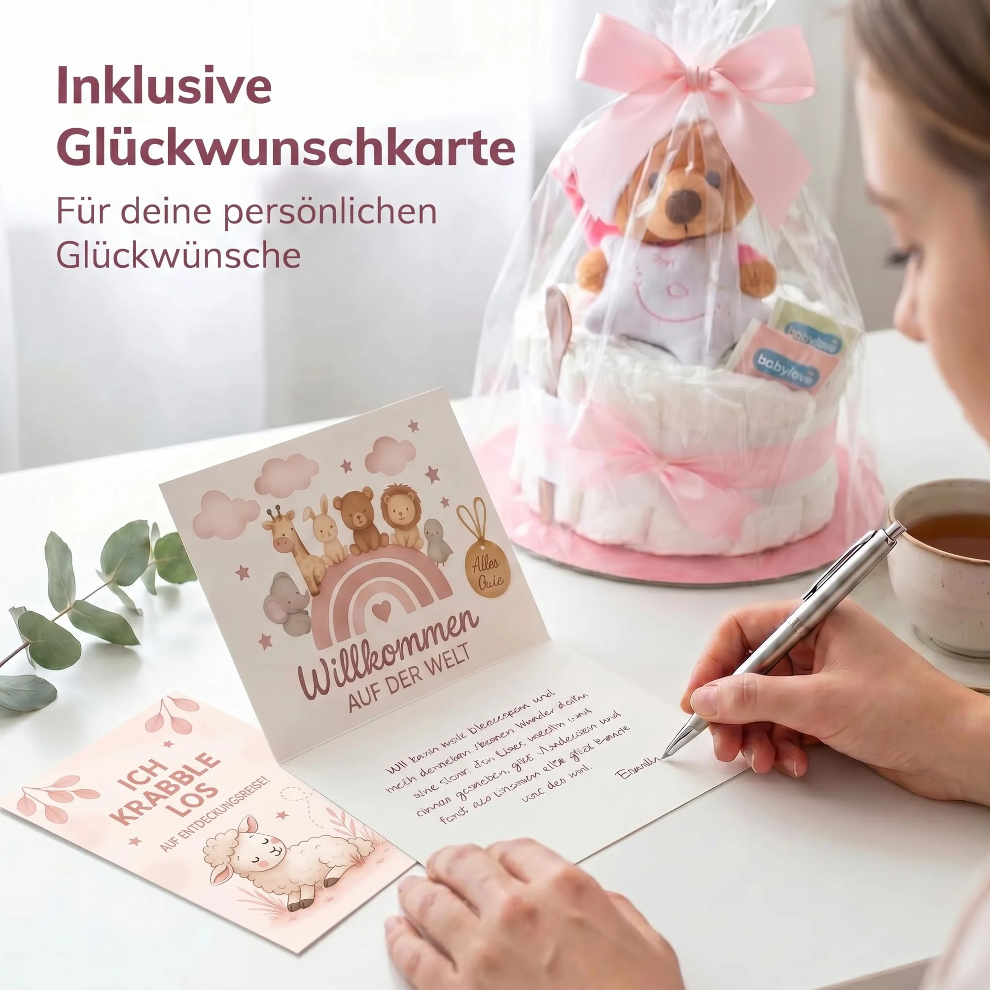 Gâteau de couches pour bébé fille - Rose - Cadeau de naissance et baptême avec doudou