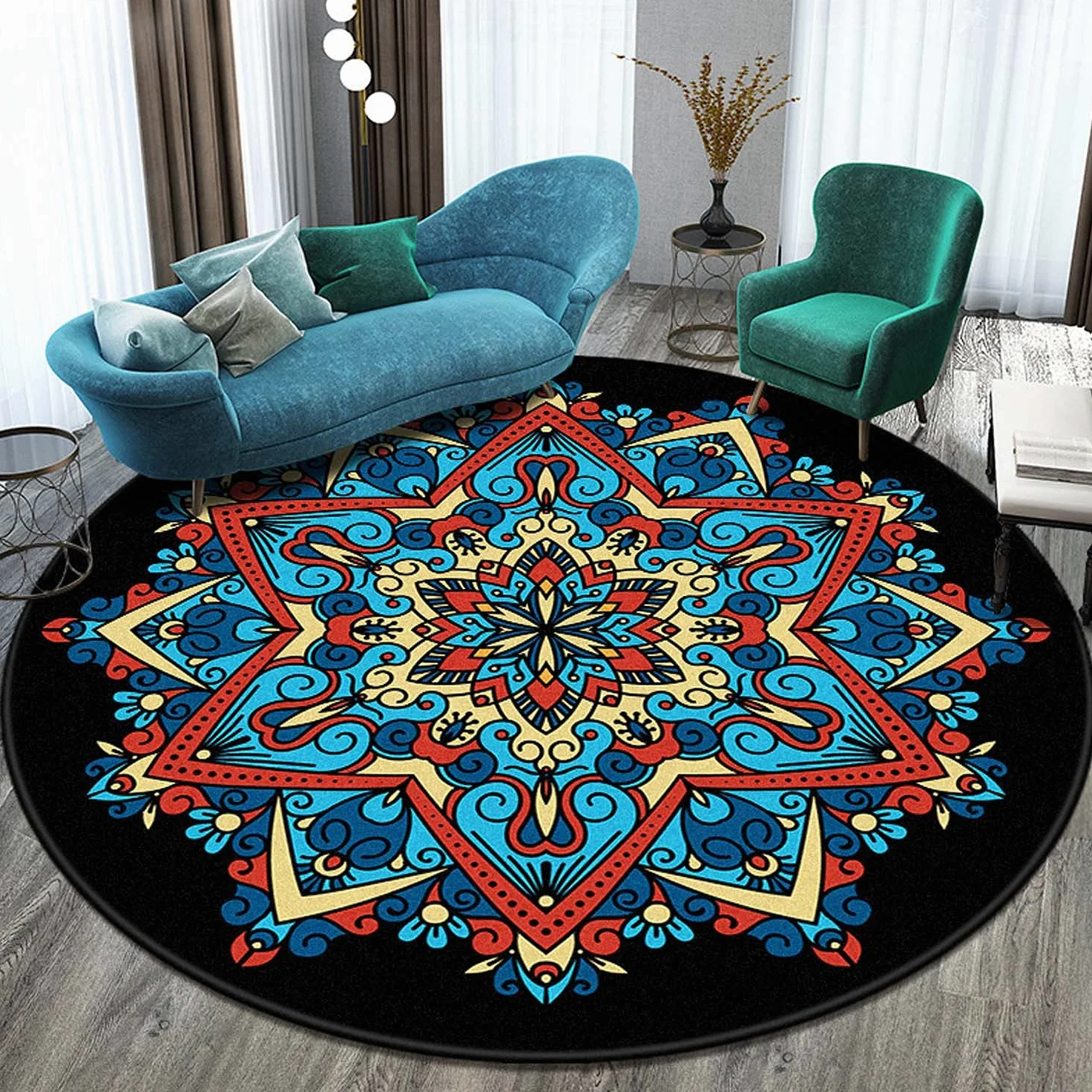 Dhao Tapis Rond Mandala Motif Bohême Moderne pour Salon Chambre à Coucher Cuisine Lavable Grands Antidérapant Tapis Diamètre: 160 cm