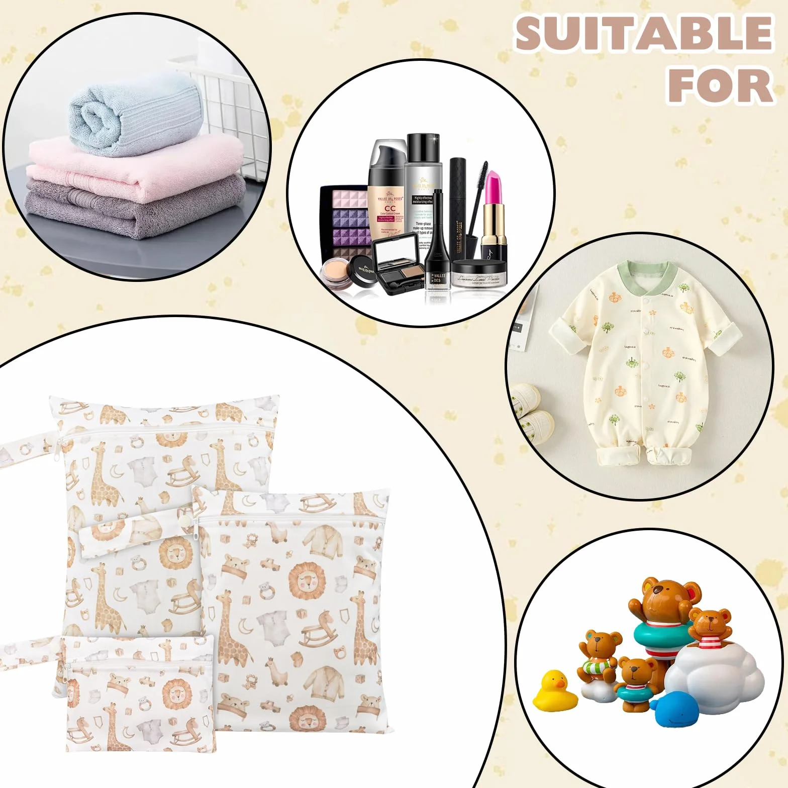 Sac à Couches Bébé 3 Pièces, Sac à Couche Lavable en Tissu, Wetbag Étanche pour Natation Camping Voyage