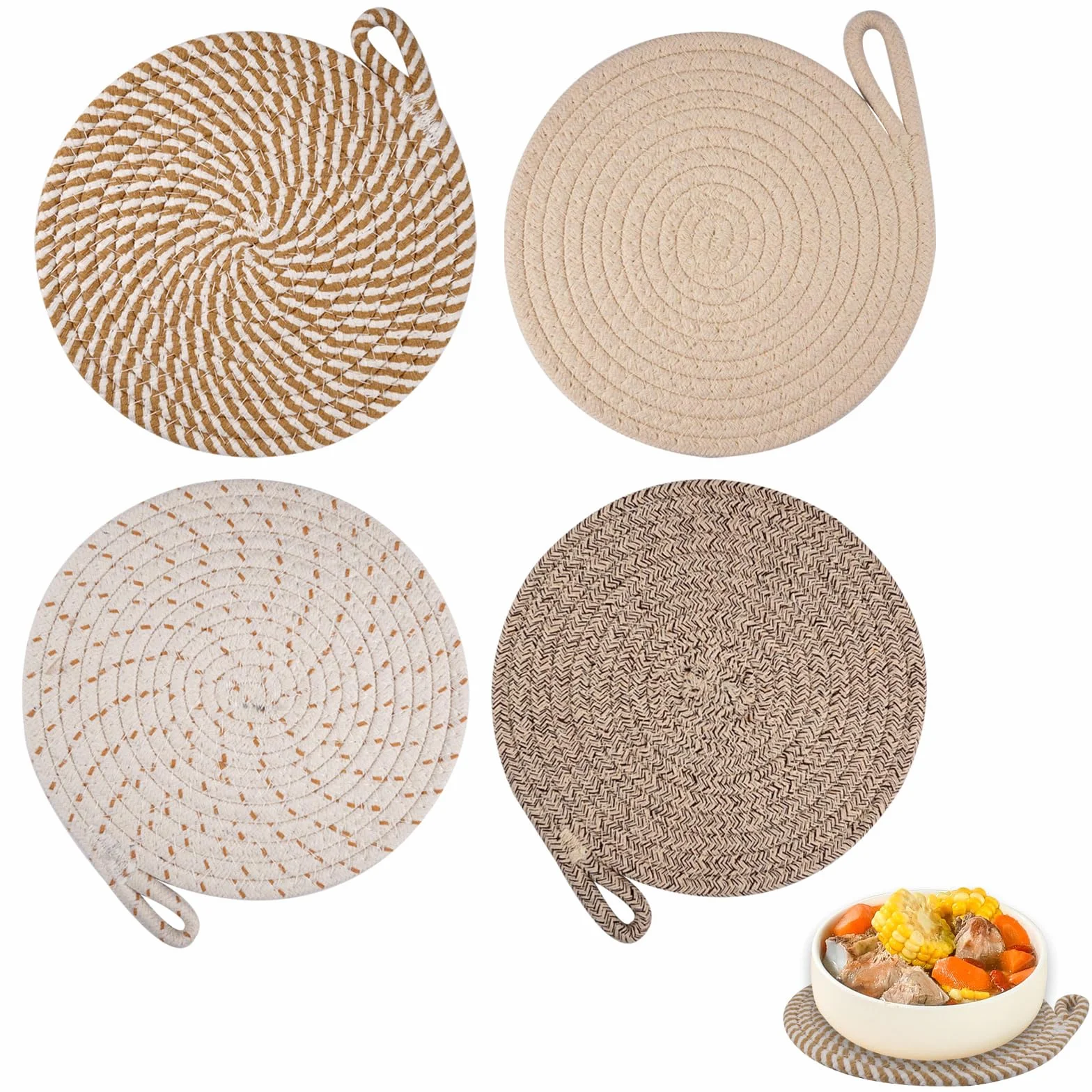 Lot de 4 Dessous de Plats Résistants à la Chaleur 20 cm en Coton Tissé Ronds pour Casseroles Poêles