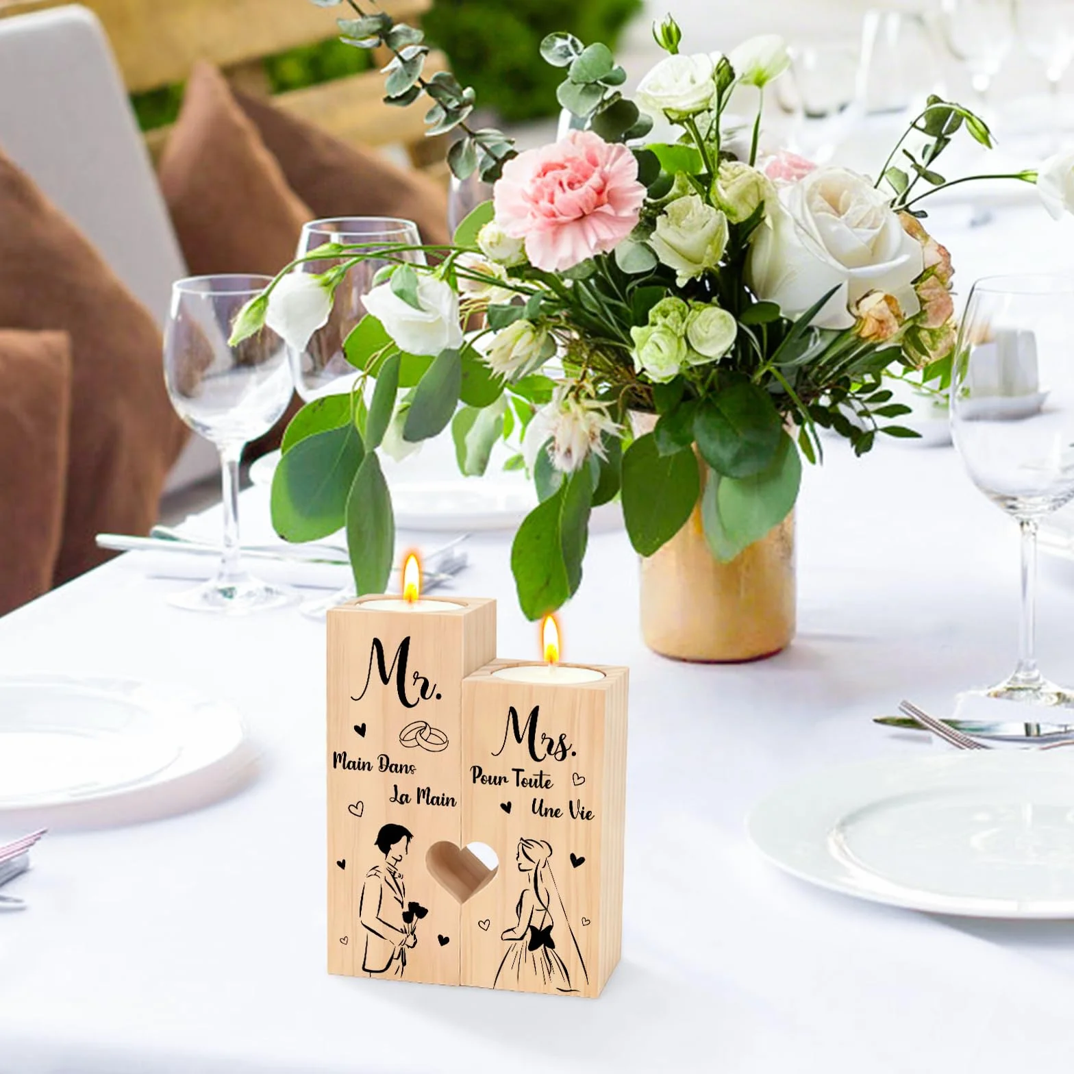 Cadeau Mariage Personnalisé - Mr Mrs Candélabre en Bois pour Couple Marié
