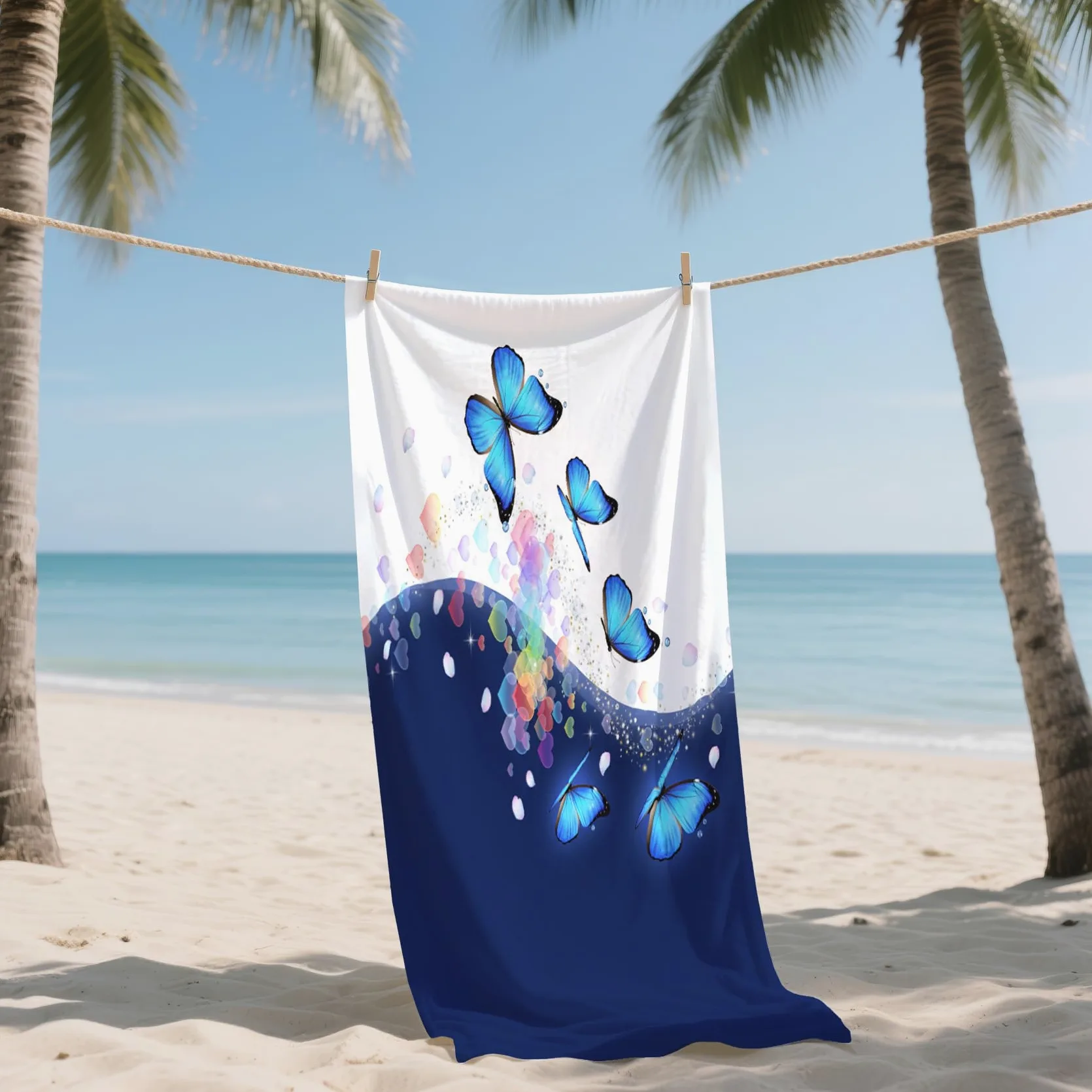 Serviette de Plage XXL Microfibre Papillon Bleu Cœur Romantique, Drap de Plage Séchage Rapide Anti Sable & Légère, Serviette de Bain Grande Taille 200x200 cm, Accessoire & Cadeau été