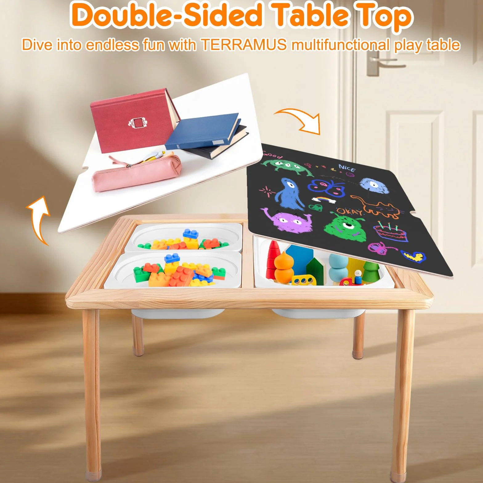 TERRAMUS Table pour Enfants, Table Sensorielle en Bois avec 3 Bacs de Rangement, Table d'eau et de Sable avec Couvercles Intérieure et Extérieure, Table d'activités pour Apprendre, Manger, Jouer