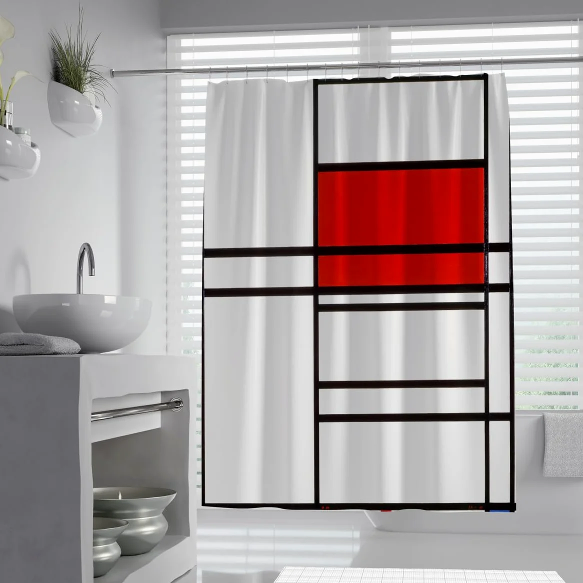 Rideau de Douche Abstrait Moderne en Blocs Rouges, Design géométrique en Grille linéaire, Rideaux de Salle de Bain en Tissu Polyester imperméable, lavables en Machine 200 x 220 cm
