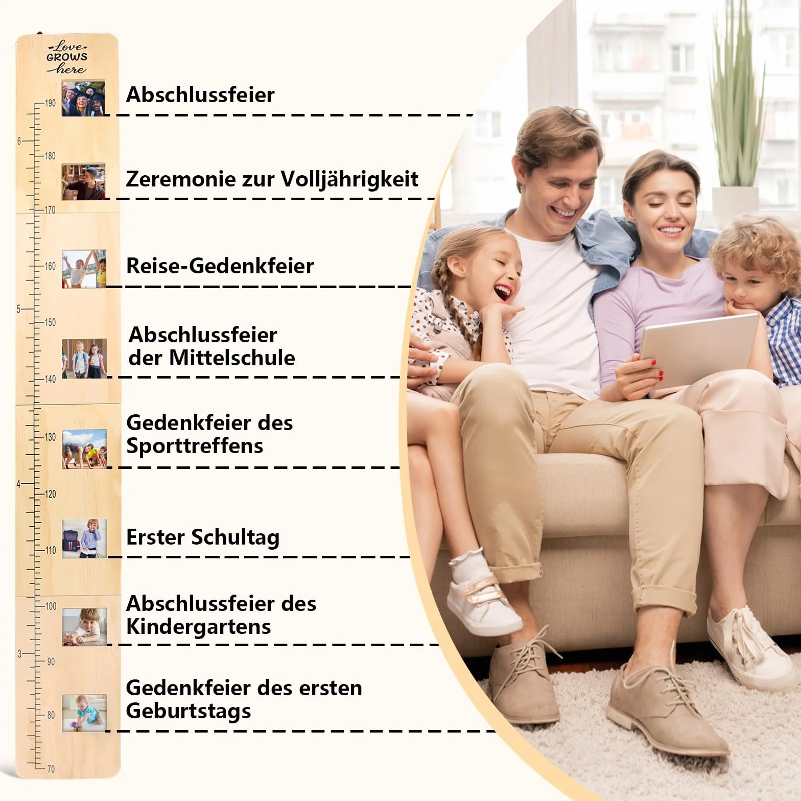 Toise Enfant Bois Massif Personnalisée 70-190 cm avec Cadre Photo Cadeau