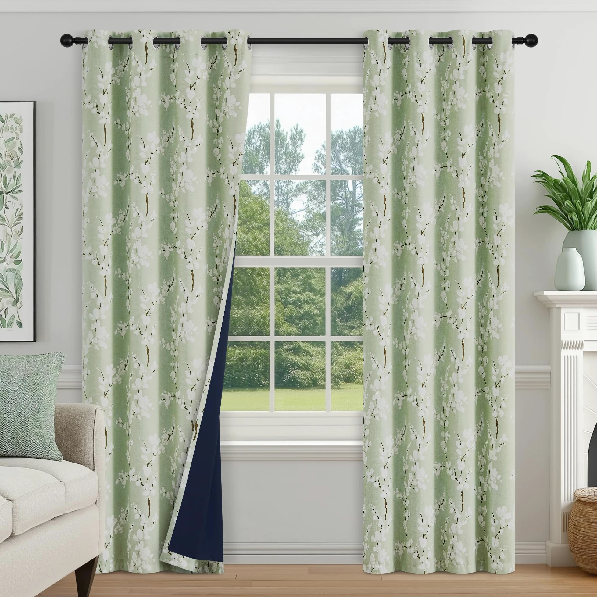 FMFUNCTEX Lot de 2 Rideaux 100% occultants à Motif Floral pour Chambre à Coucher, Vert Sauge, 213,4 cm de Long, pour Salon, Rideaux à Isolation Thermique avec œillets de Style Ferme, Blanc sur Vert