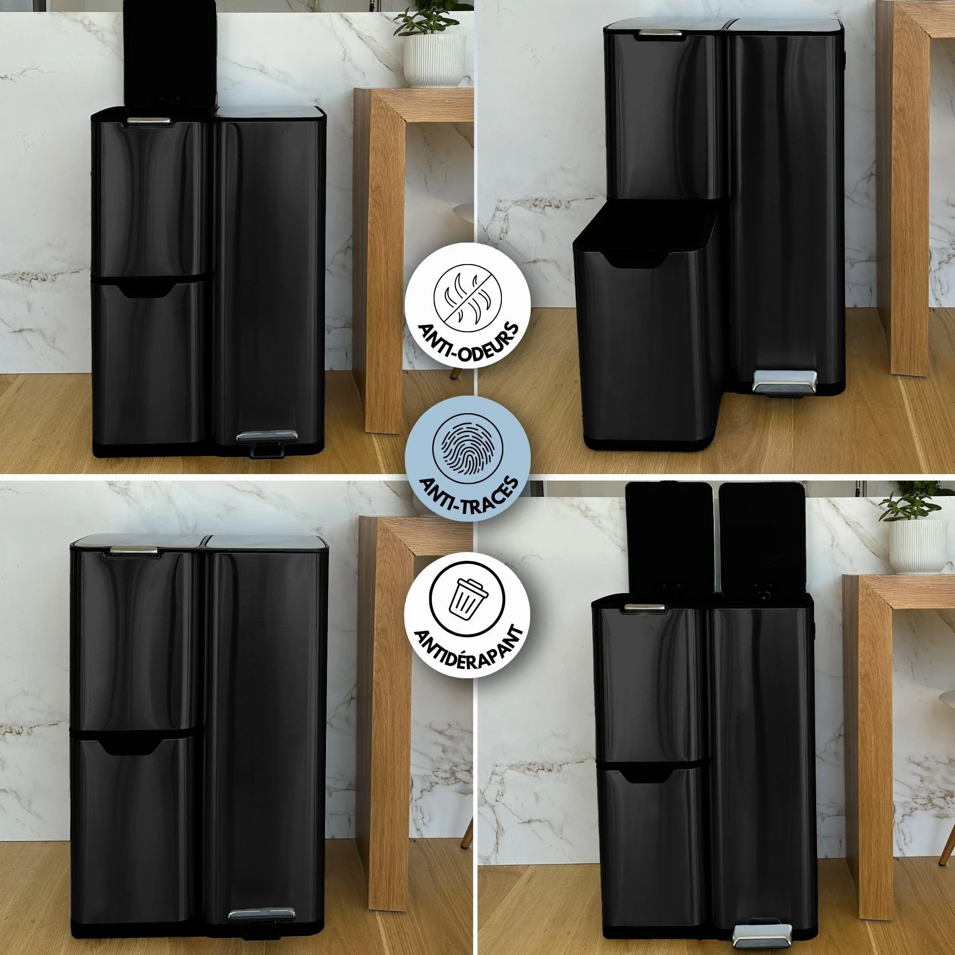HAJA KITCHEN MOVE Poubelle de cuisine à pédale tri sélectif 60L acier Inox Noir