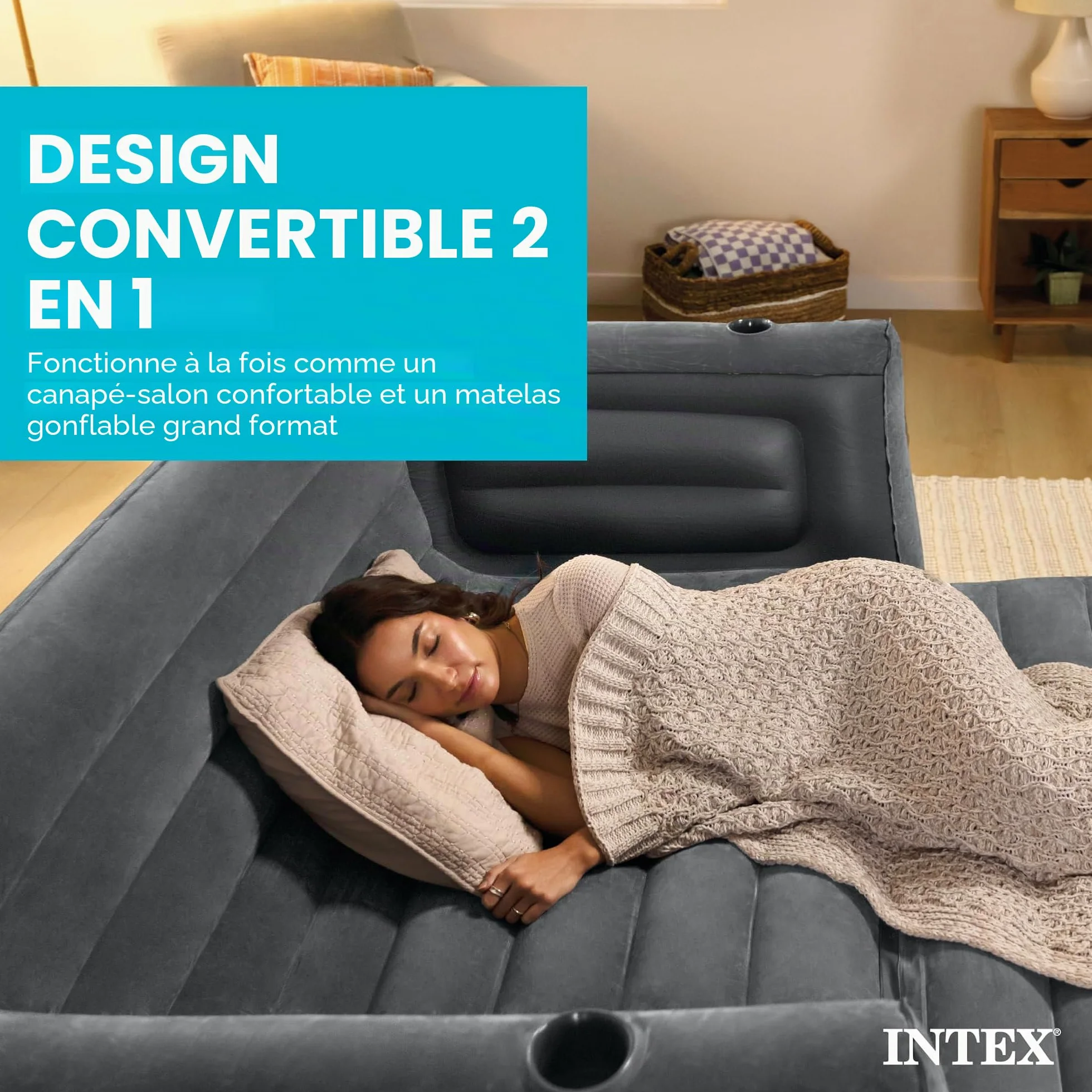 Intex Canapé-lit de Camping Gonflable avec 3 valves de gonflage et de dégonflage Rapides, 203,2 x 231,14 x 66,04 cm, Gris Anthracite