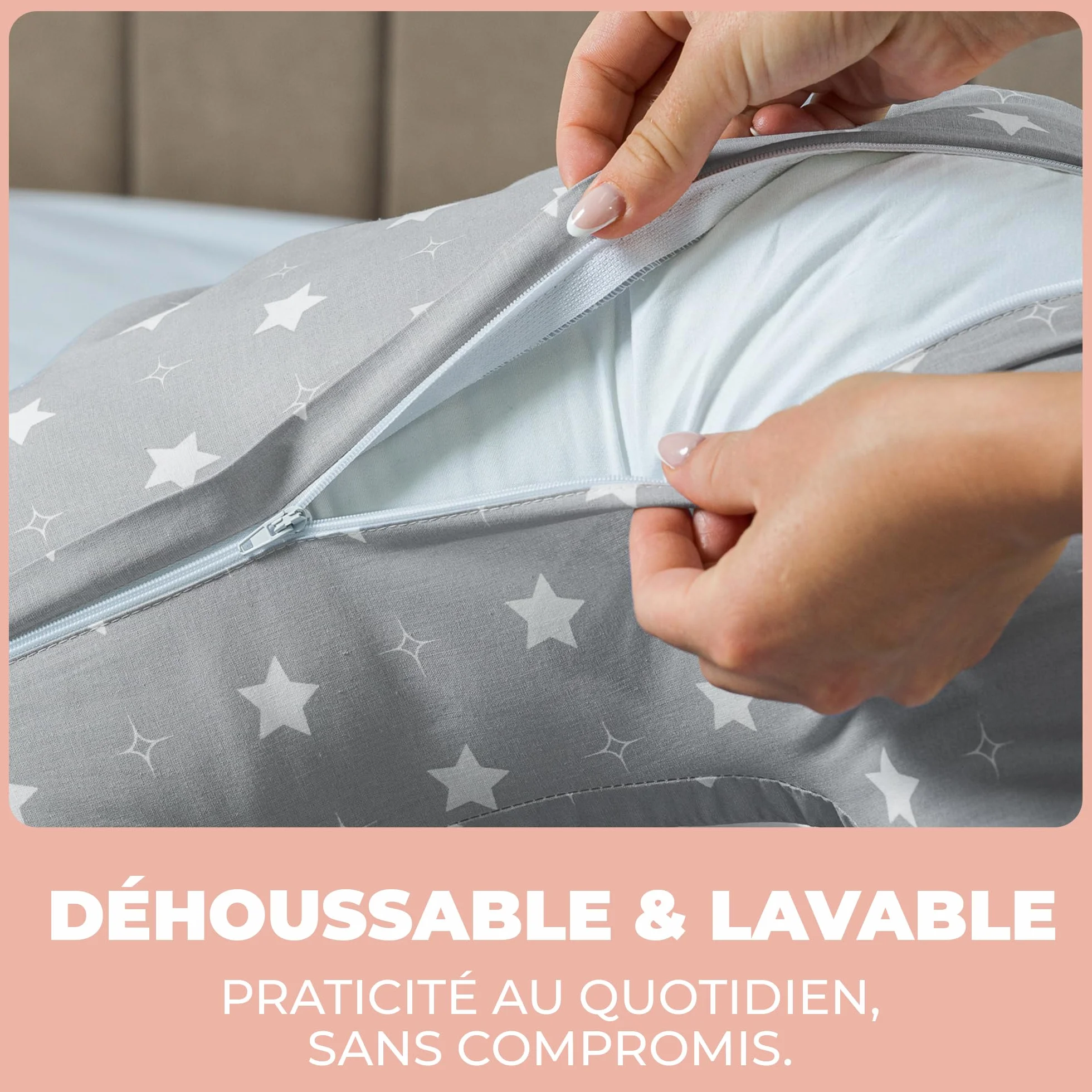 Oreiller de Grossesse et Allaitement XXL Coussin Multifonctionnel avec Taie en 100% Coton pour Dormir sur le Côté