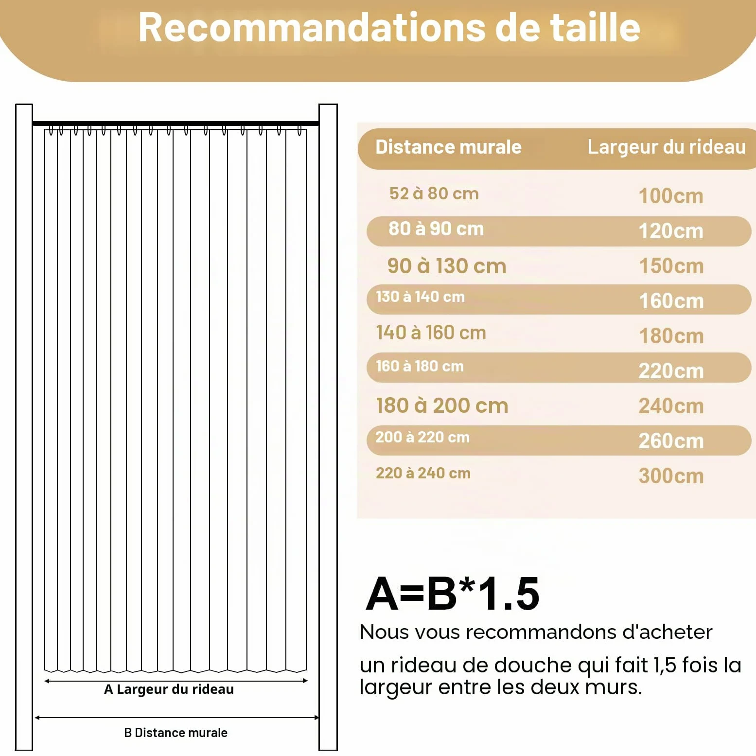 Rideau de Douche Anti Moisissure en Tissu, Beige, 240x200cm | Imperméable Lavable avec Crochets, Rideau de Douche d'angle Pliable Aimantée pour Salle de Bain, 230 g/m²