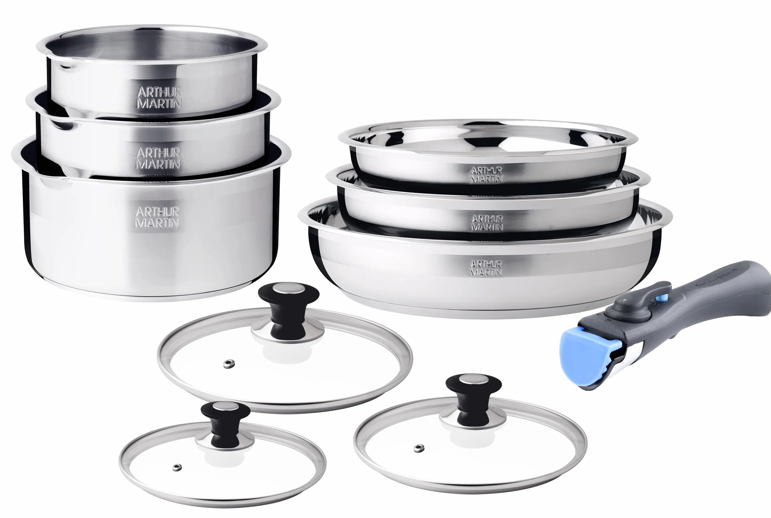 ARTHUR MARTIN Batterie de Cuisine 10 Pièces Inox Casseroles Poêles Antiadhérentes Compatible Tous Feux Poignée Amovible
