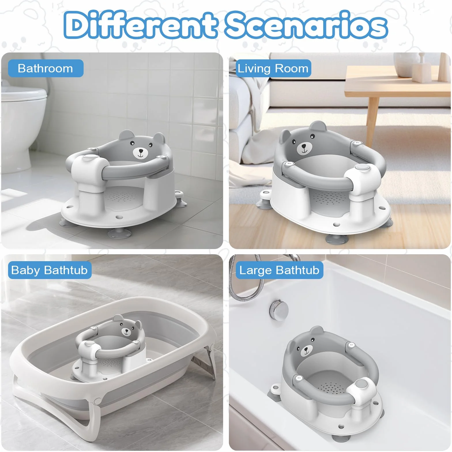Siège Bain Ergonomique Bébé 6 Mois avec Ventouses Gris Ours