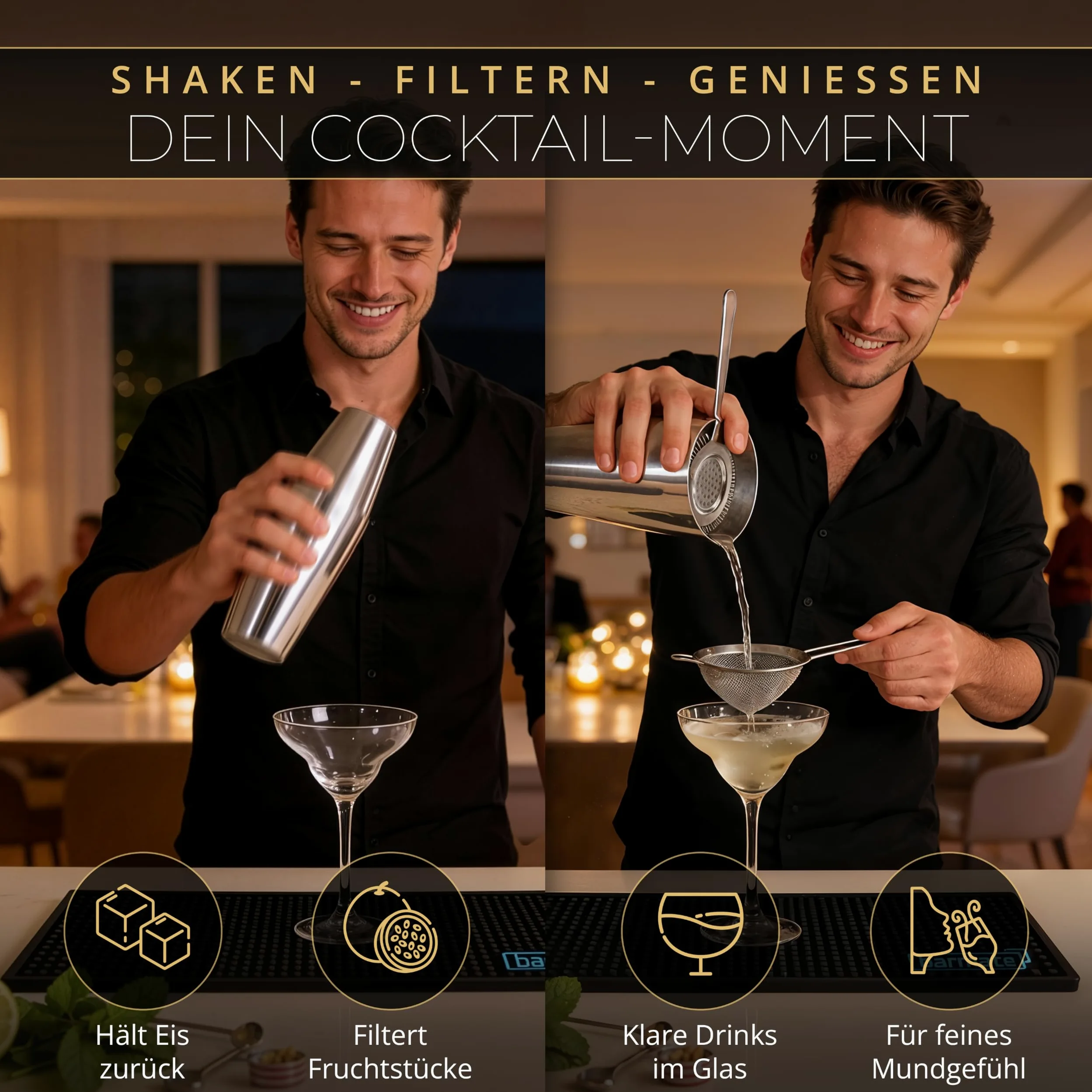 Ensemble Shaker à Cocktail barmate en Acier Inoxydable Boston, 7 pièces composé d'un Shaker, d'un Jigger, d'une cuillère de Bar, de 2 passoires, d'un Pilon et d'un Tapis de Bar