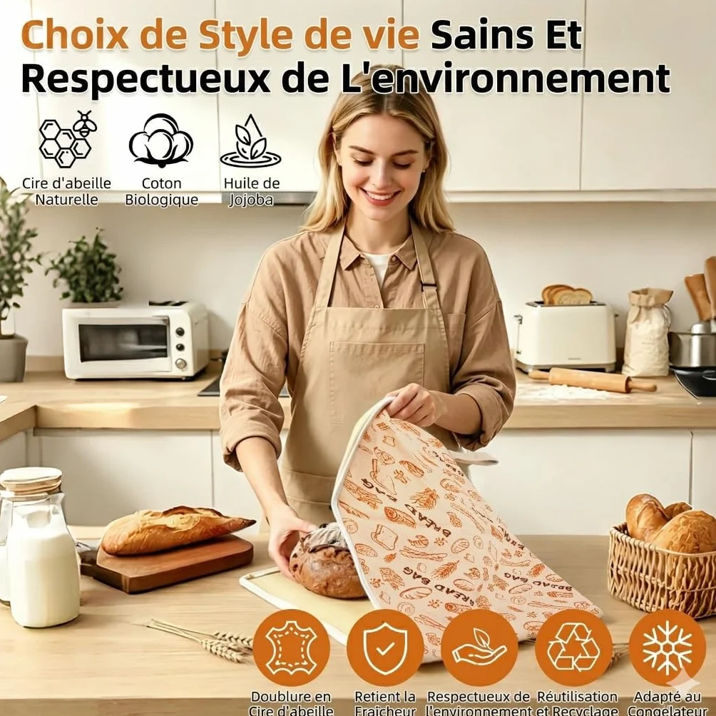 Lot de 2 Sacs à Pain en Cire d'Abeille 43 x 33 cm avec Fermeture Éclair, Réutilisables pour Conservation du Levain et Baguette