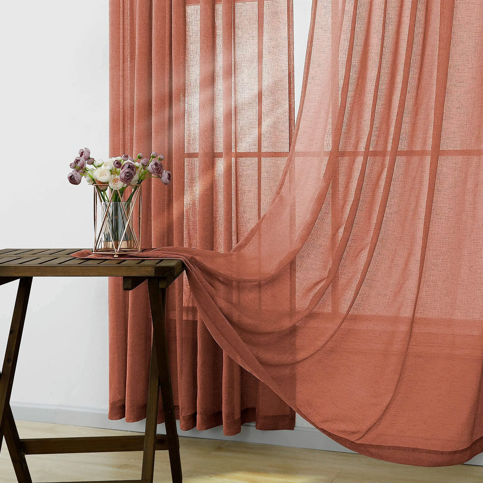 Lot de 2 Rideaux Semi-Transparents en Lin synthétique avec Passe-Tringle pour Chambre à Coucher et Chambre à Coucher (Terre Cuite) – 213 x 213 cm de Long – Orange brûlé