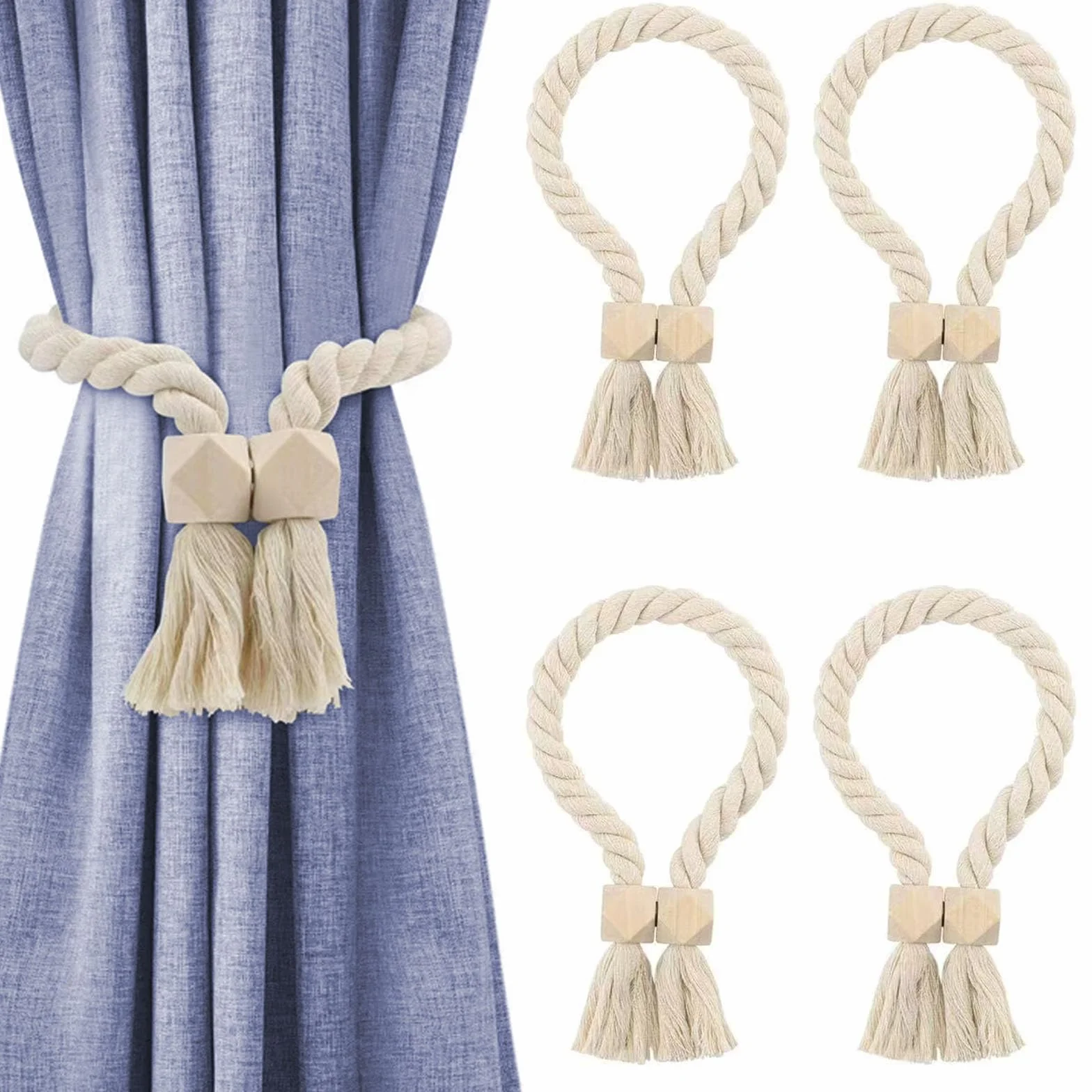 Embrasses de Rideaux Magnétiques 60 cm Coton Perles Bois Bohème Lot de 2