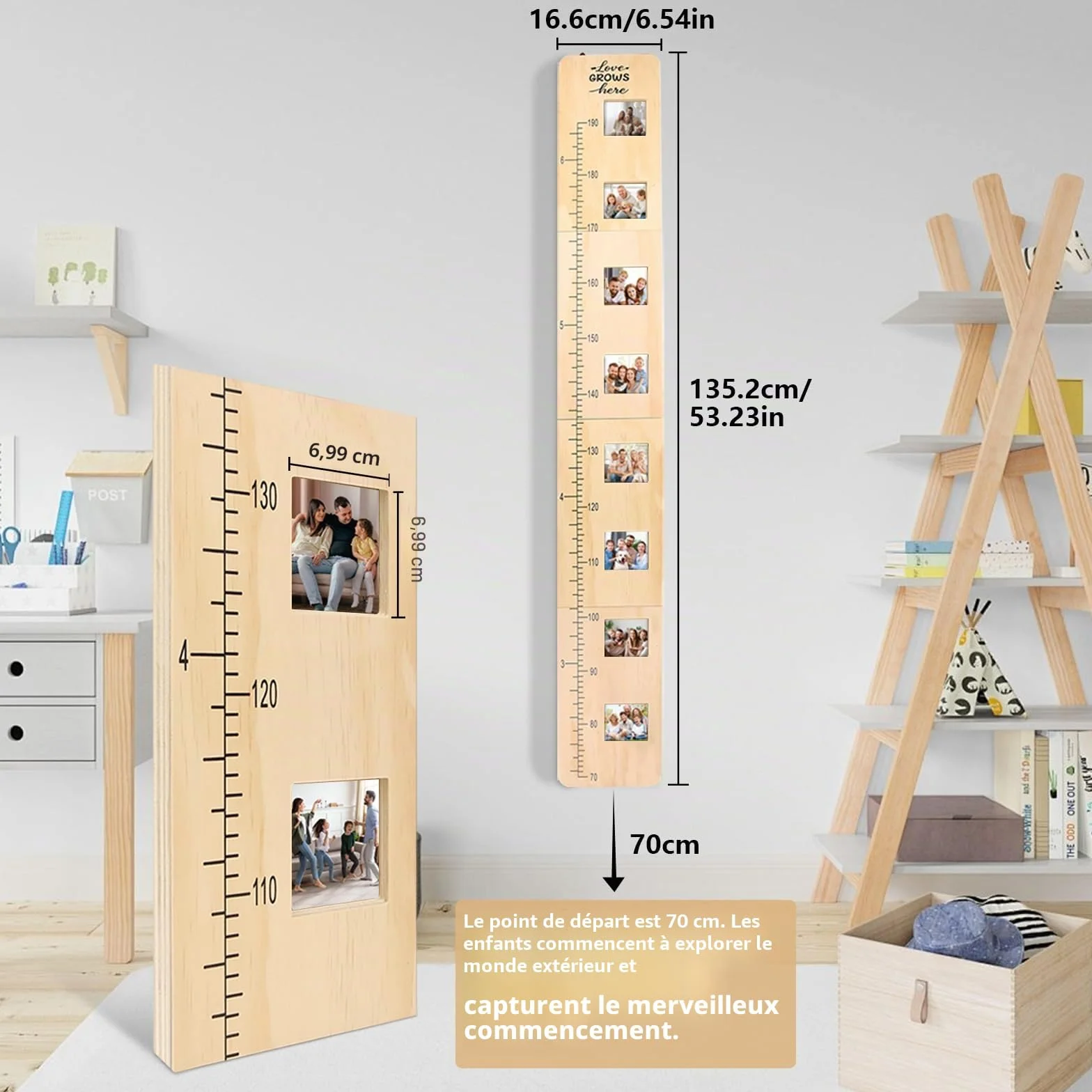 Toise Enfant Bois Massif Personnalisée 70-190 cm avec Cadre Photo Cadeau