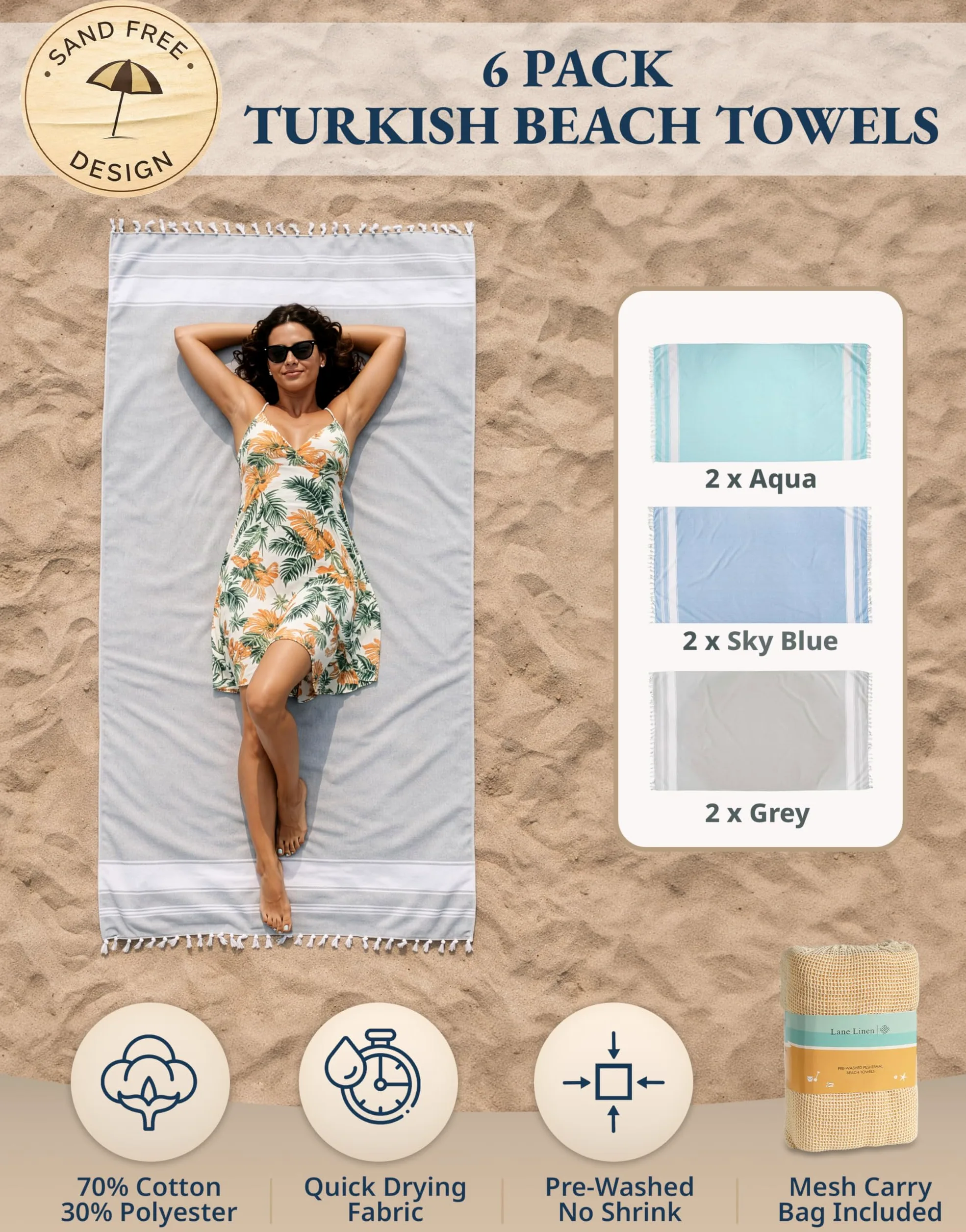 LANE LINEN Serviettes de plage 6 pièces, lot de serviettes de plage surdimensionnées, serviettes de piscine pour adultes, prélavées, serviette de plage sans sable, serviette de plage à séchage rapide