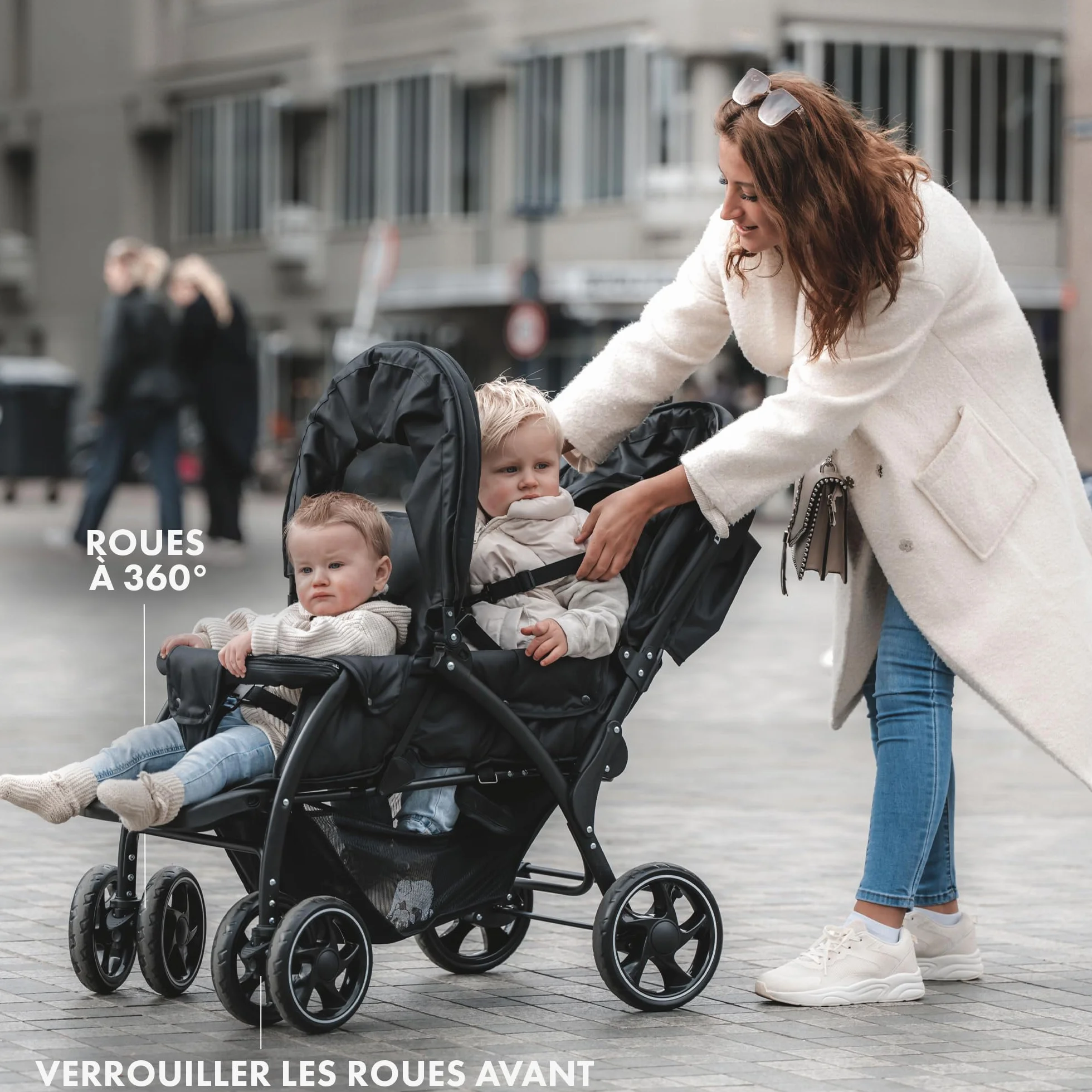 Poussette Duo Tandem pour Enfants Deryan Elena Double Duett avec Harnais 5 points Ajustable Noir