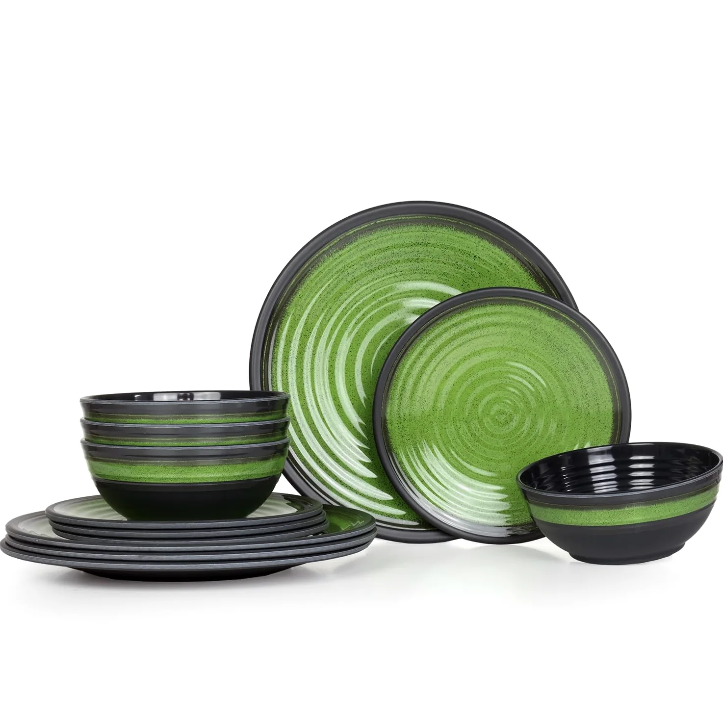 Vaisselle de table de camping en mélamine pour 4 personnes - 12 pièces - Passe au lave-vaisselle - Service de pique-nique - Vaisselle de camping - Design vert pierre