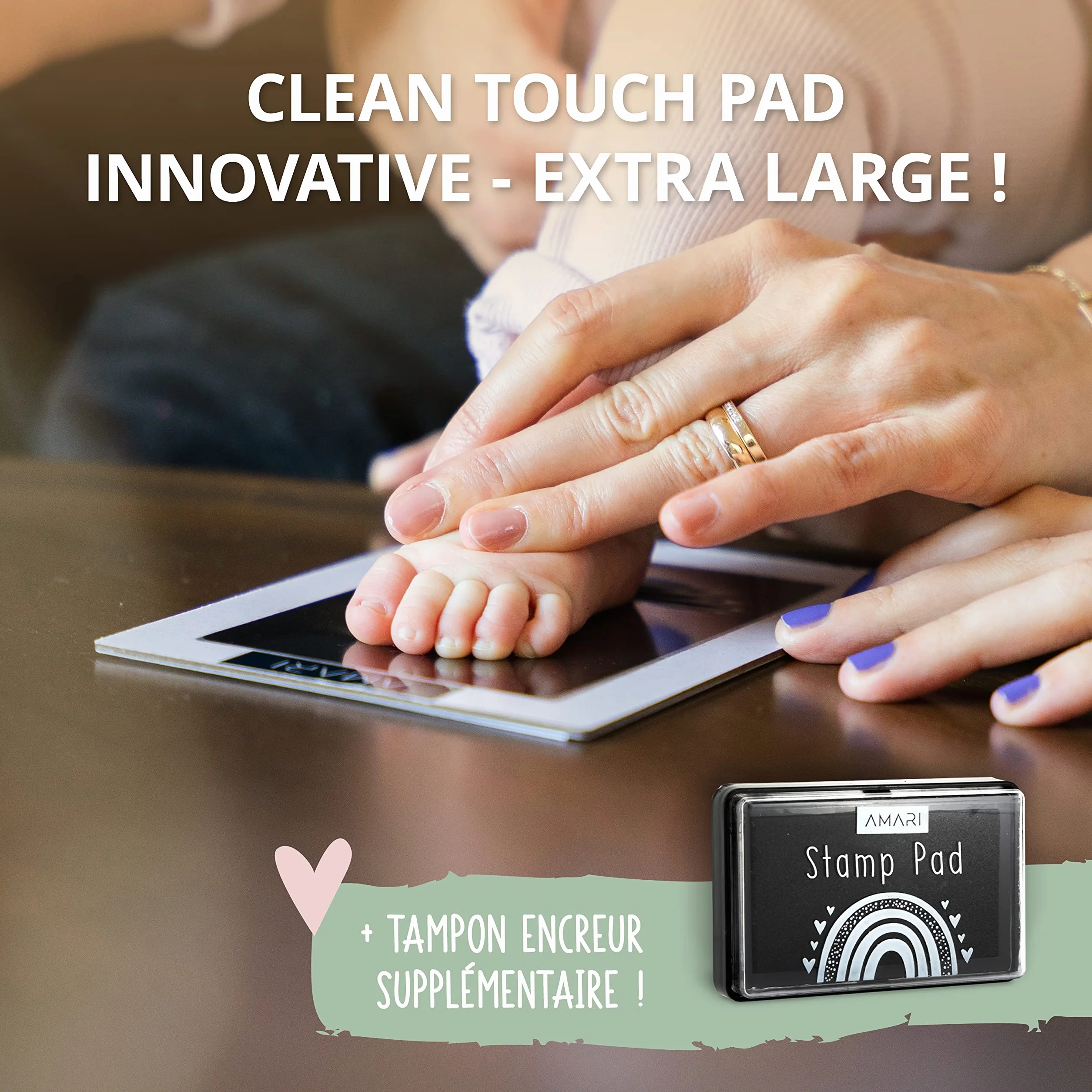 AMARI Set d'empreintes de main et de pied de bébé avec 2 tampons encreurs et 4 cartes d'impression - Kit cadeau bébé