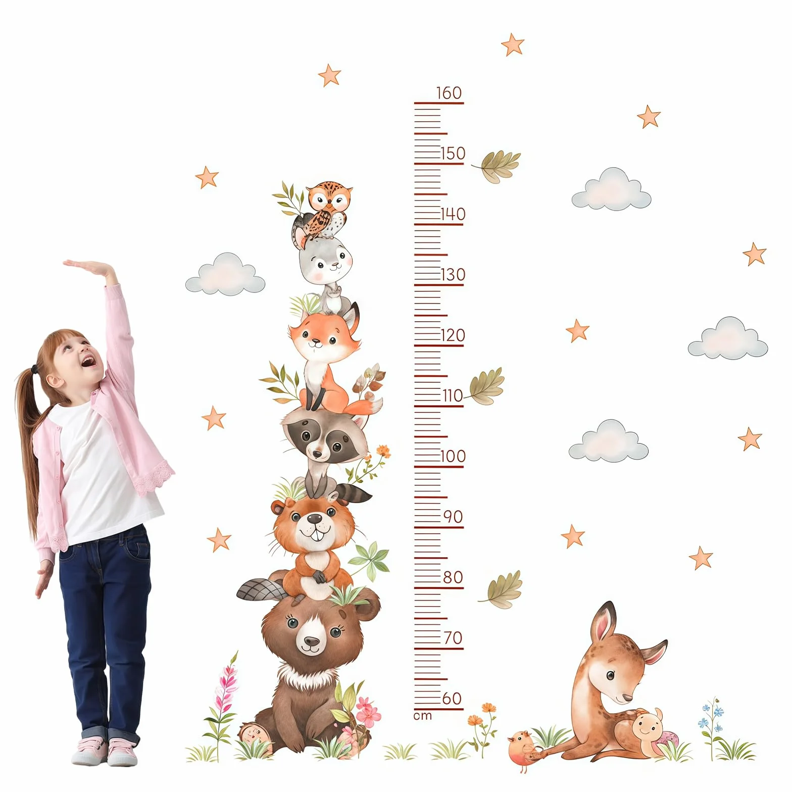 Toise adhésive murale animaux forêt 60-160 cm étanche pour chambre bébé enfant