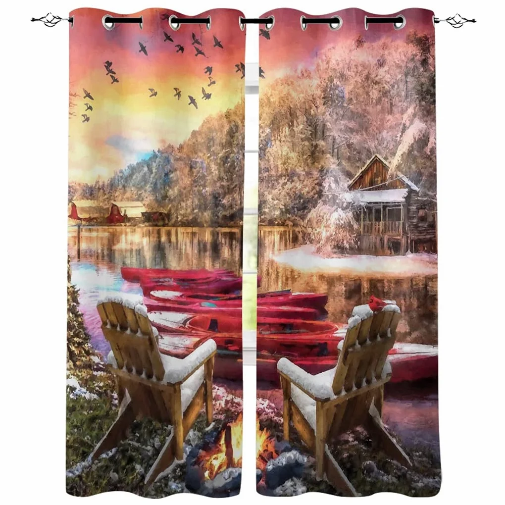 Rideau Occultant Noël Hiver Hiver Lac Bateau 3D Impression Réduction du Bruit À Isolation Thermique Tissu De Polyester Résistant Perforé Chambre Enfants Cuisine Décoration 2X 182X214Cm (LxH)