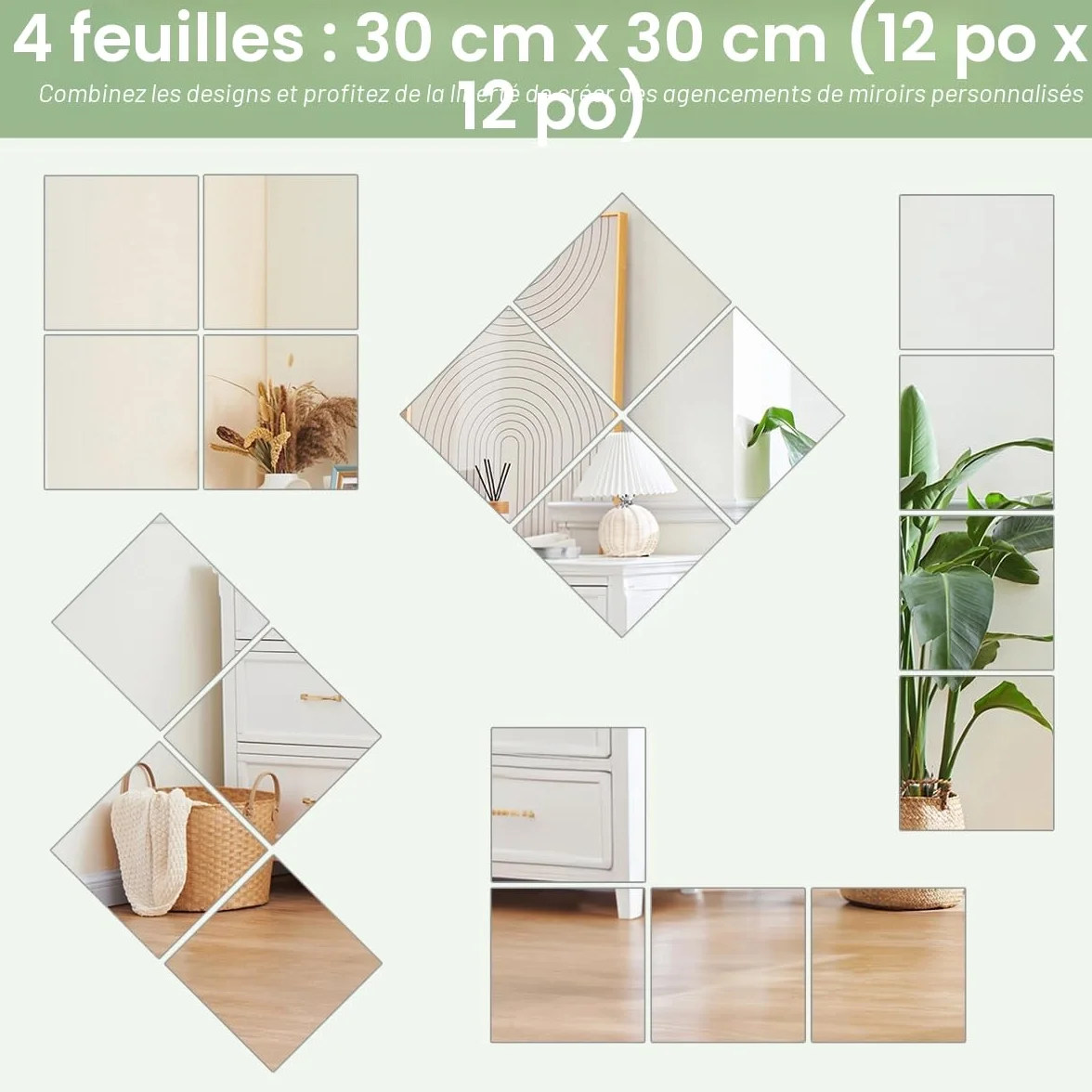 Lot de 4 miroirs autocollants en acrylique pour mur, grande taille, sécurité
