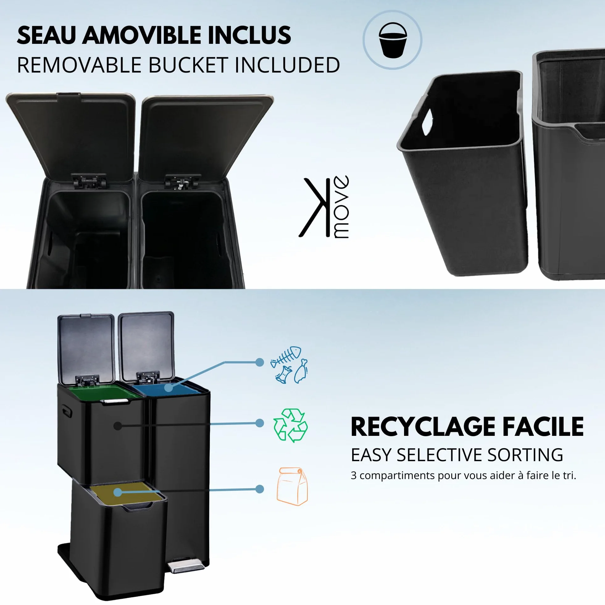 HAJA KITCHEN MOVE Poubelle de cuisine à pédale tri sélectif 60L acier Inox Noir