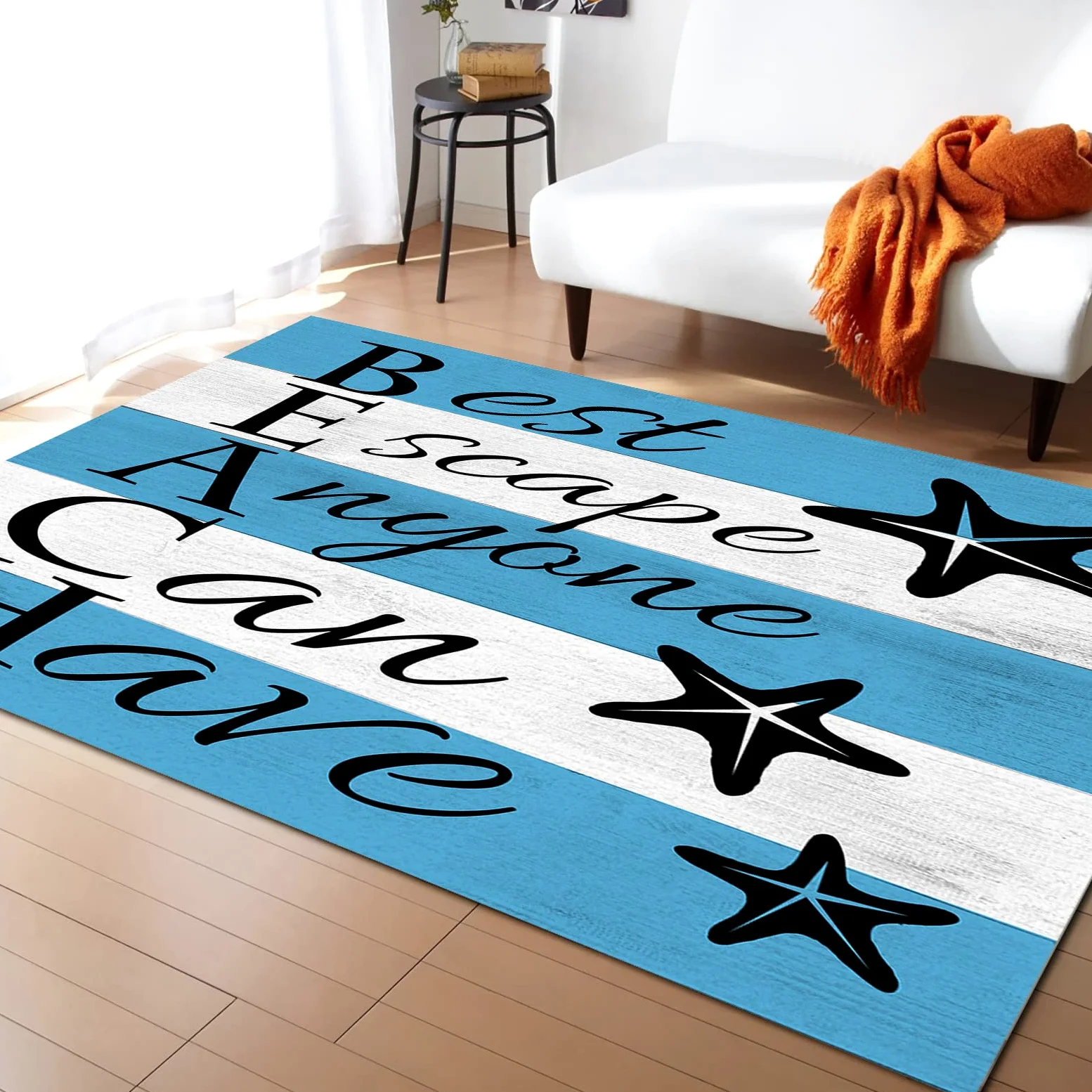 Tapis De Sol Salon Zone Thème Nautique Textes Noirs Étoile De Mer Bleu Blanc Rayé Durable Tapis Chambre Indestructible,Lavable Tapis Entrée pour Terrasse Déco Intérieur 120X160Cm