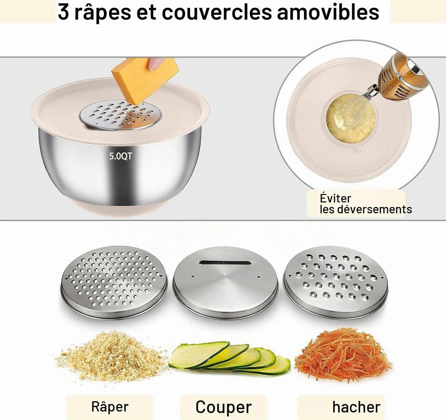 Terlulu Lot de 6 saladiers en acier inoxydable avec couvercle et fond en silicone, 3 embouts de râpe, 4,7 l/3,8 l/2,8 l/1,9 l/1,4 l/0,6 l, antidérapants et empilables, kaki