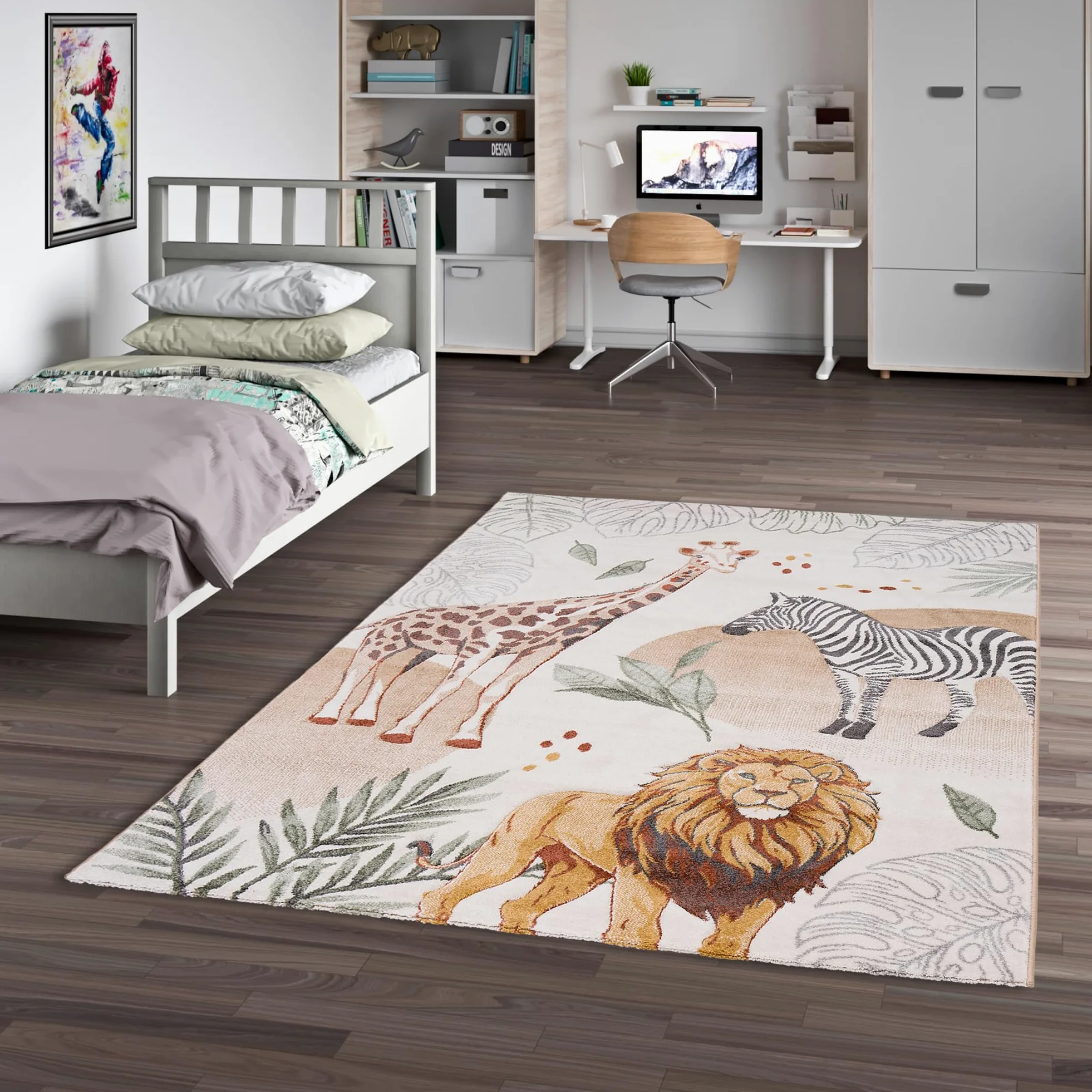 Pergamon Tapis Enfant Maui Kids Dinosaures Vert Bleu - Tapis Doux de Jeu avec Motifs de Dinosaures pour Chambre d'enfant et Salle de Jeux, Facile à Nettoyer et Couleurs Vives