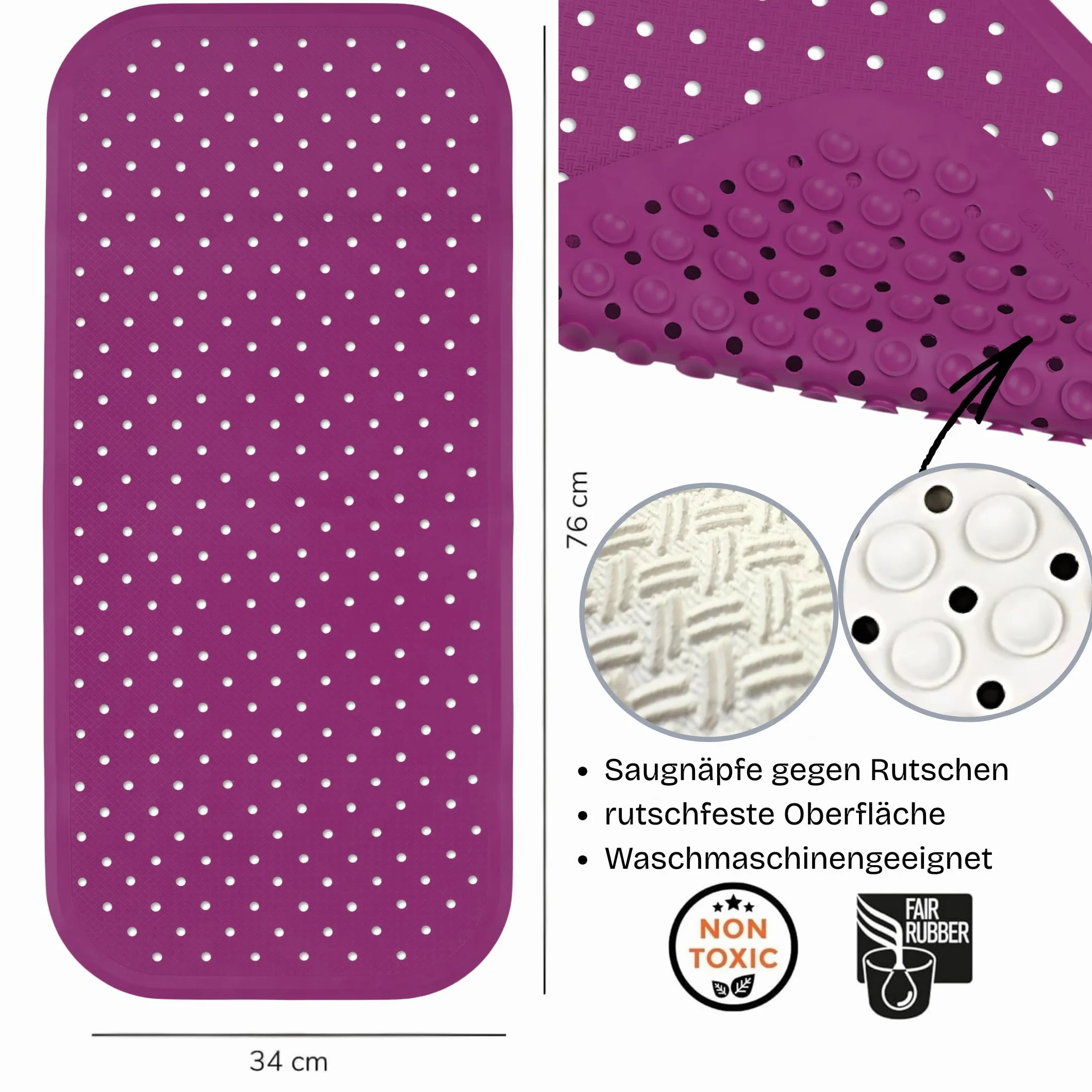 Tapis de baignoire antidérapant sans plastique FSC 76 x 34 cm Violet