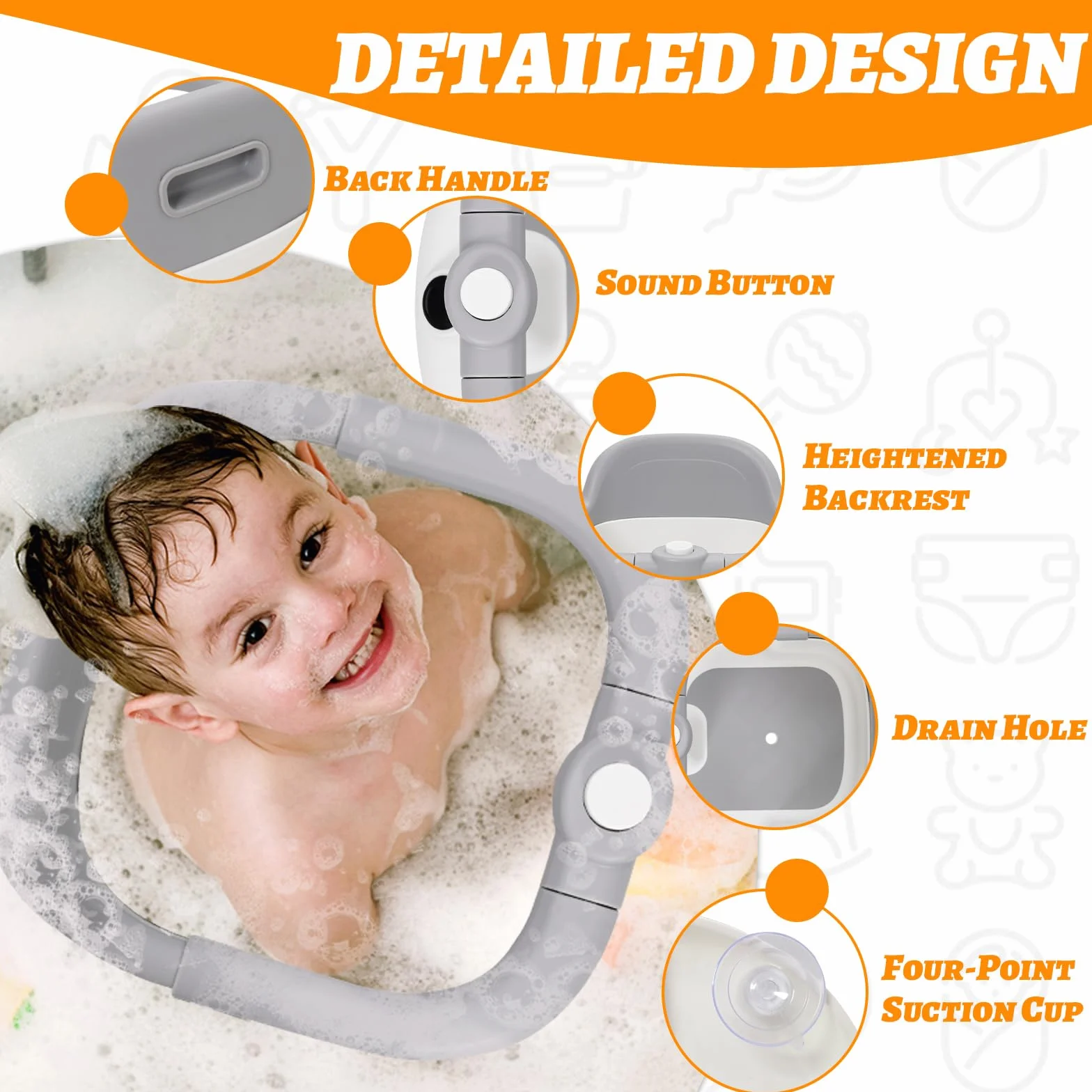 Siège de Bain Bébé 6 Mois et Plus, Anneau de Bain avec 4 Ventouses Puissantes, Antidérapant, Transat de Bain 6-24 Mois, pour Douche ou Baignoire (Gris)