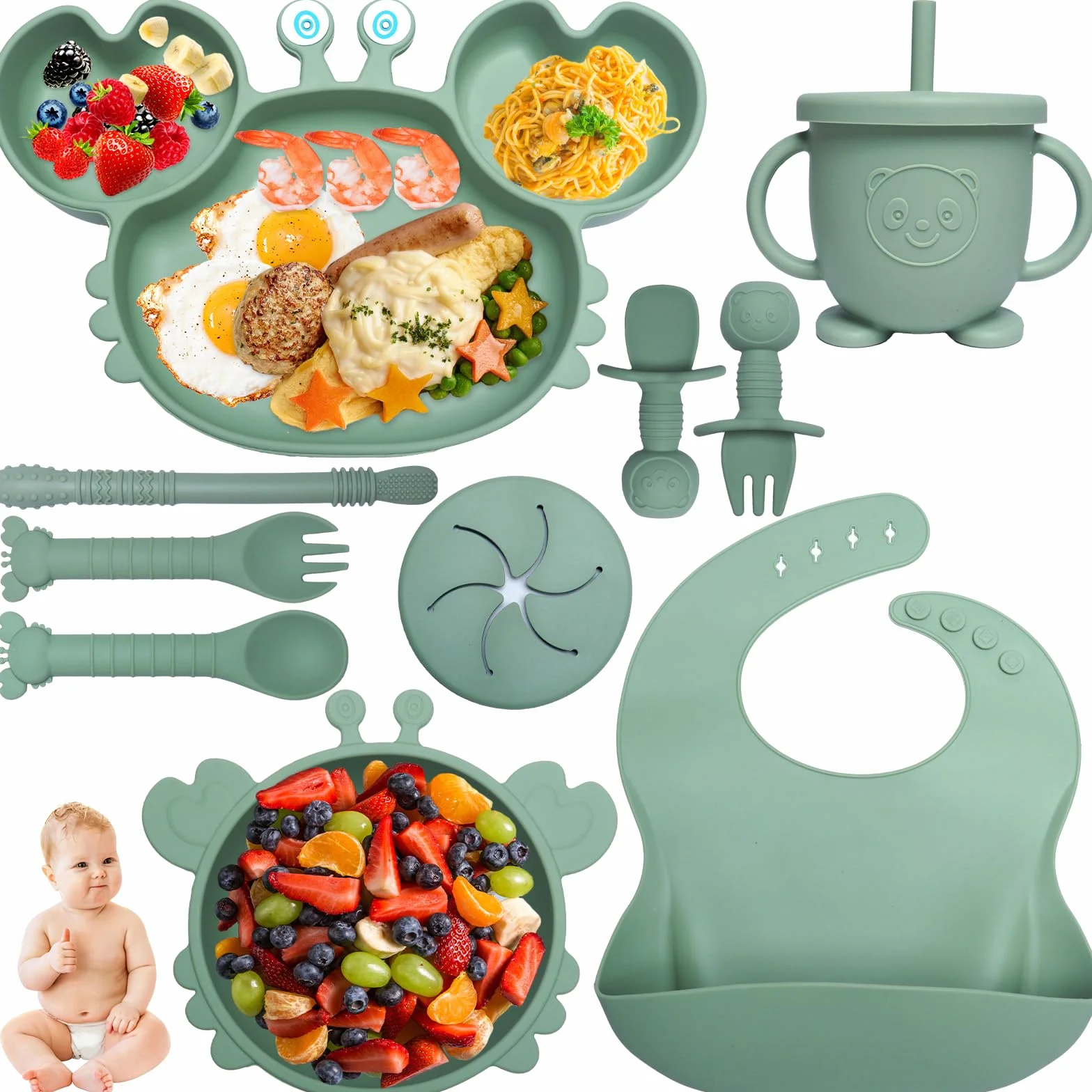 Coffret Repas Bébé 10 Pièces Assiette Silicone Antidérapant avec Ventouse Bol Fourchette Cuillère Bavoir Vert