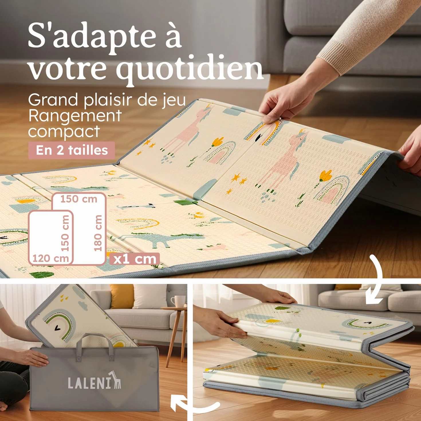 Tapis d’éveil bébé imperméable 120 x 150 x 1 cm pliable réversible antidérapant arc-en-ciel