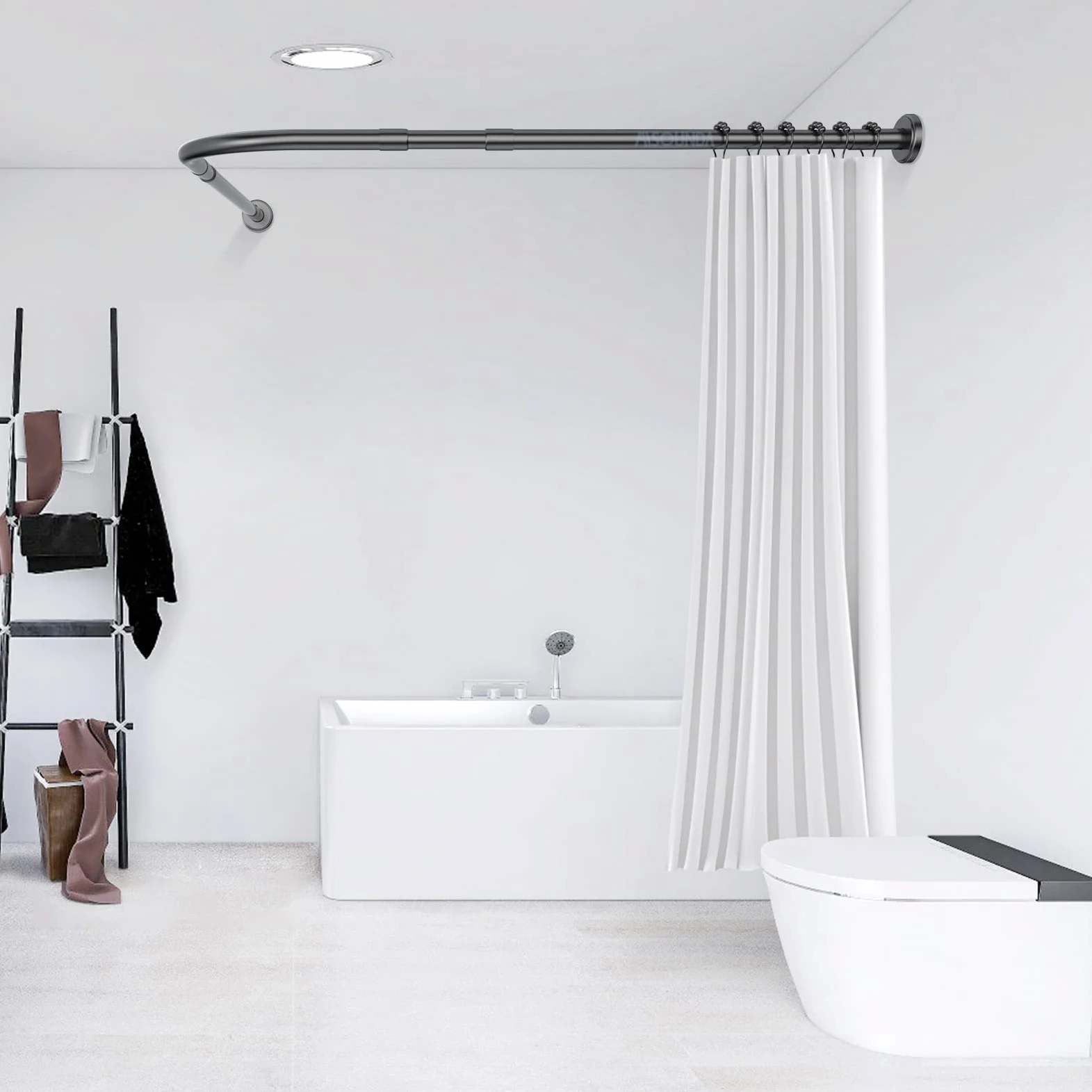 Tringle à Rideau de Douche L Sans Perage Barre De Douche Angle Extensible Acier Inoxydable 70-100 x 90-120cm Avec 24 Anneaux de Rideaux,pour Salle de Bain Baignoire Magasin de Vtements -Noir