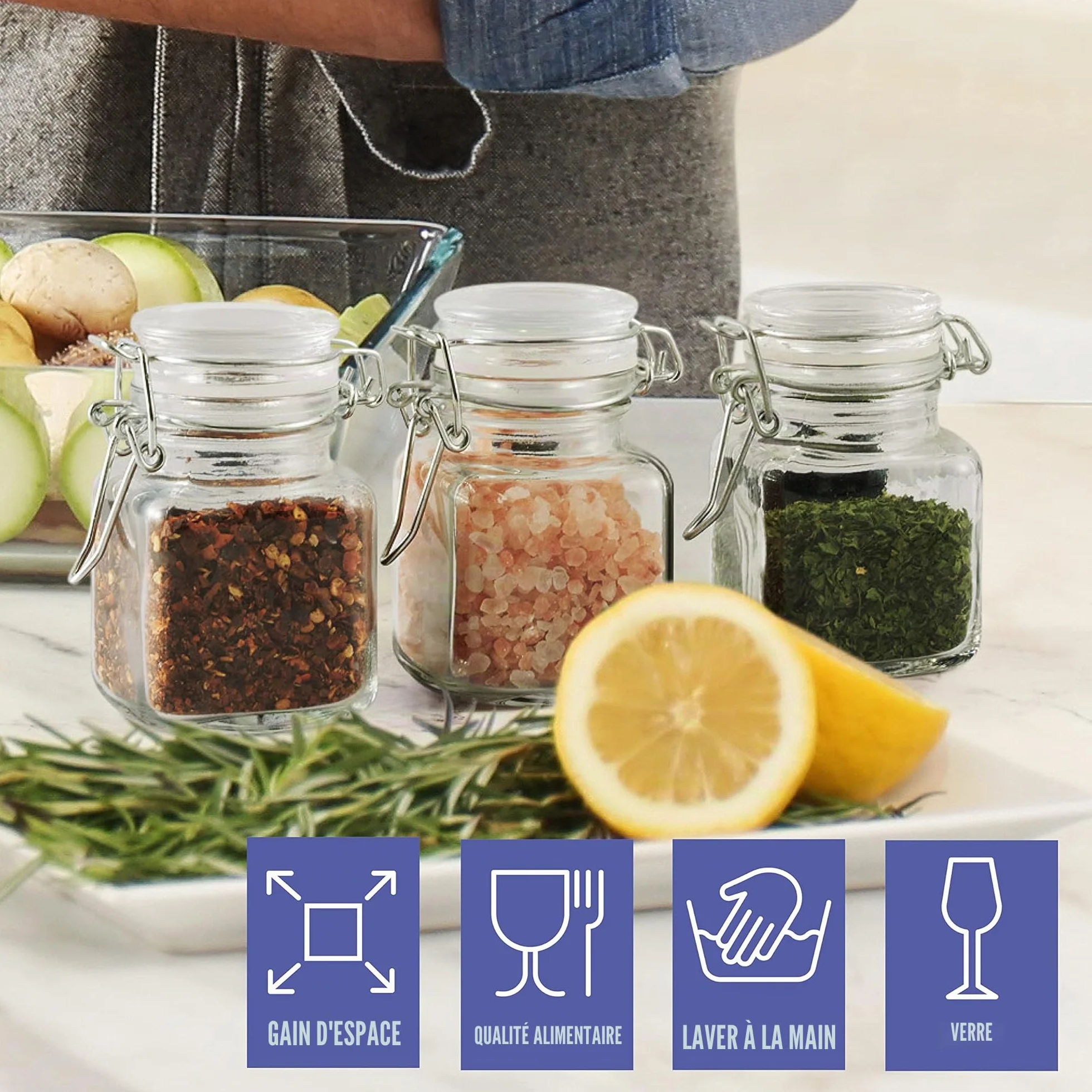 Mini Pots à Épices en Verre Hermétique 100ml avec Clip, Étiquettes & Stylo à Craie - Rangement Cuisine
