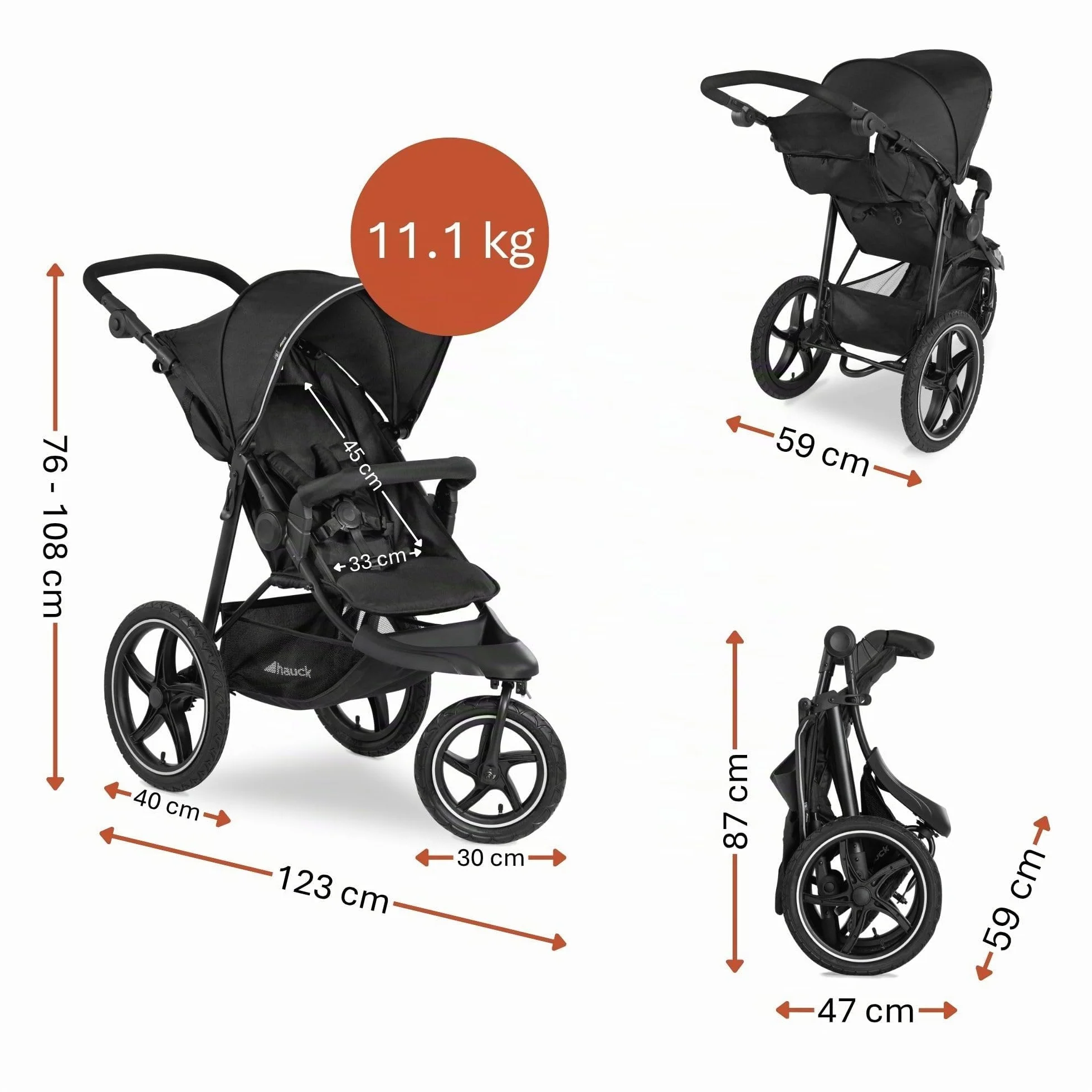 Hauck Poussette 3 Roues Runner 2 Tout Terrain Noir, 22 kg, UV 50+, Pliable