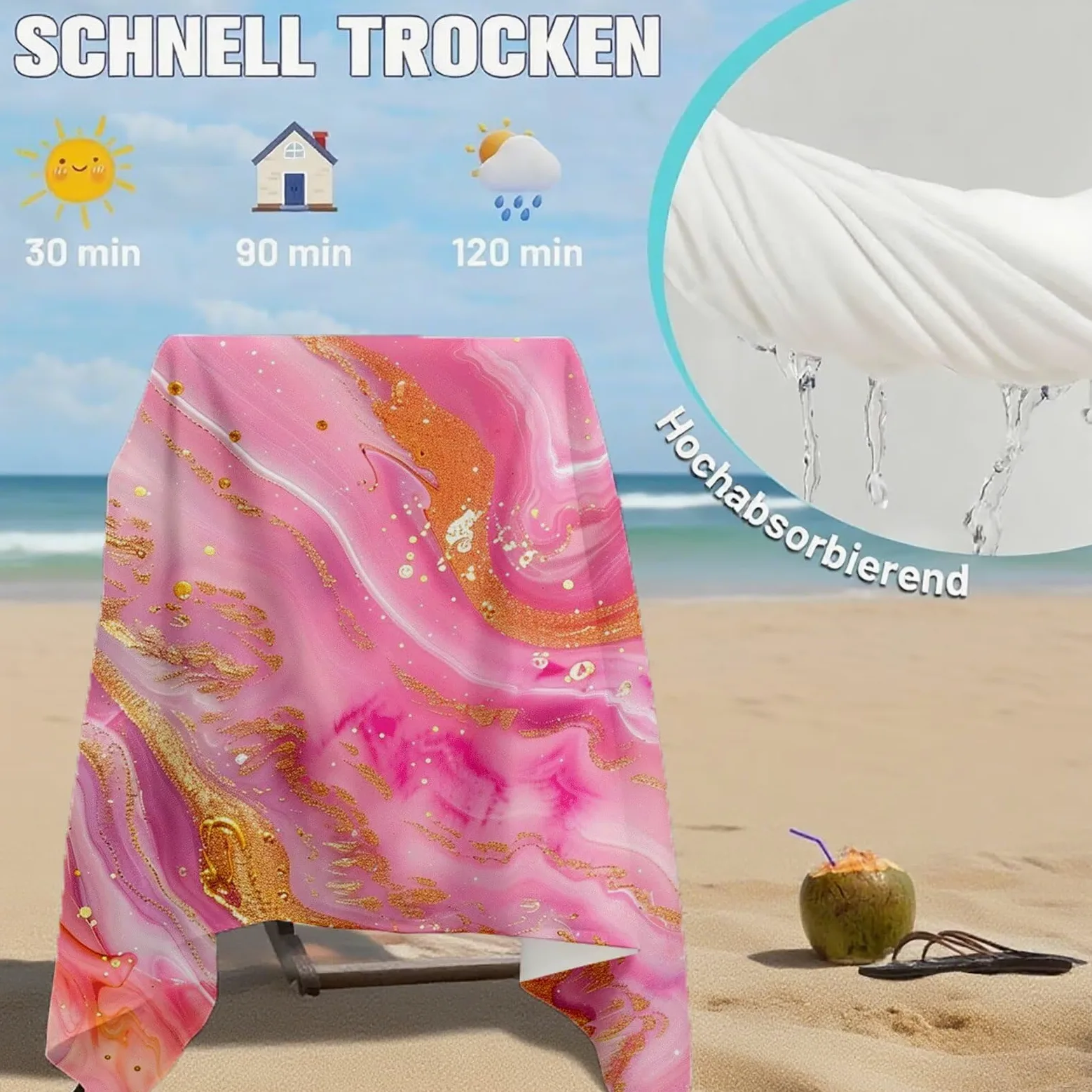 Serviette Plage Rose Motif, Serviette de Plage XXL 100x180 avec Sac, Serviettes de Bain Microfibre Séchage Rapide Anti-Sable Absorbante Fonction pour Bain, Sport, Voyages, Sauna, Piscine Q-649