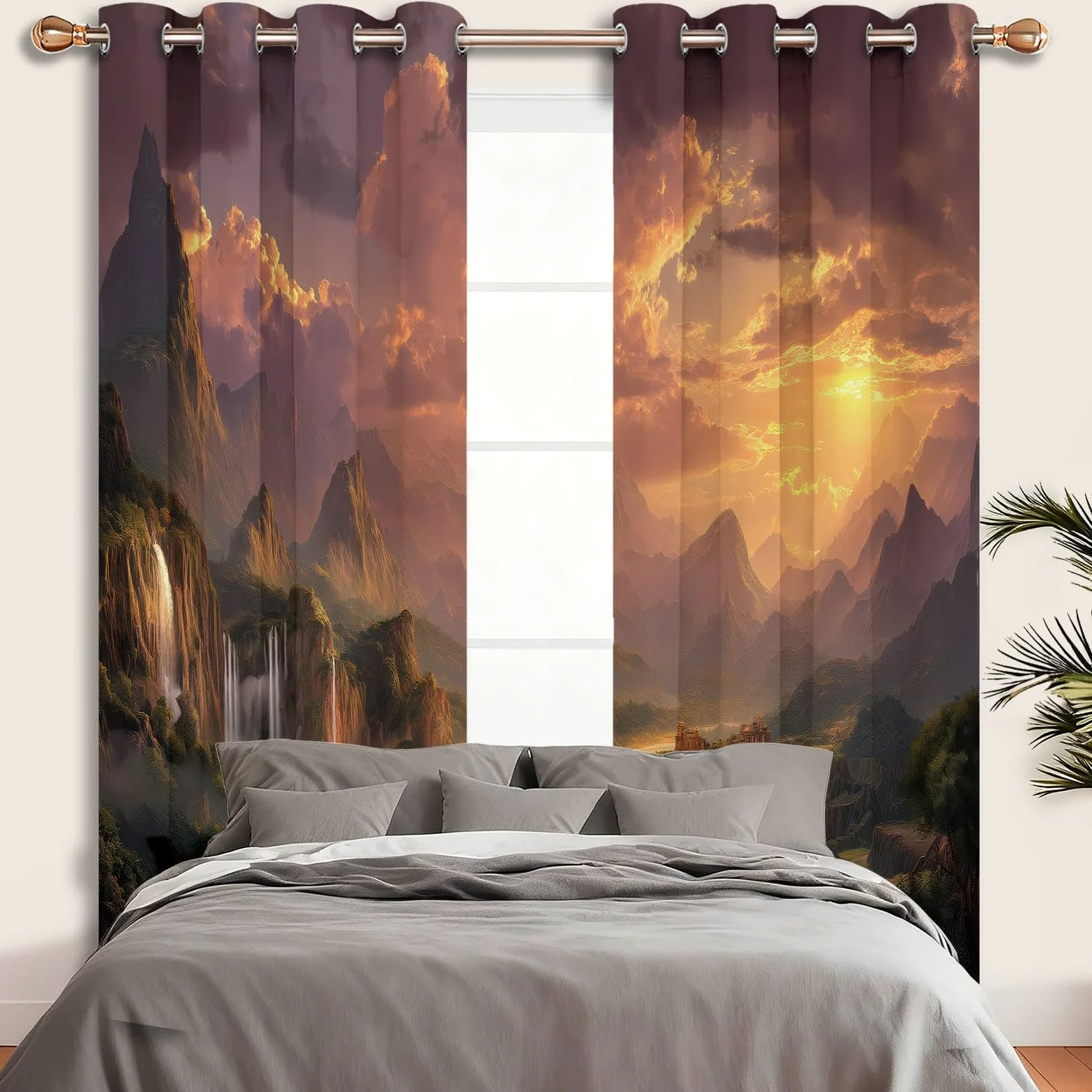 Générique Rideau Occultant, Paysage Onirique Motif Rideaux Thermiques à Oeillets, Cascade Rivière Nuages Rideaux Imprimé pour Salon Chambre Fenetre Décoration, 140 X 260 cm (LxH), Lot de 2