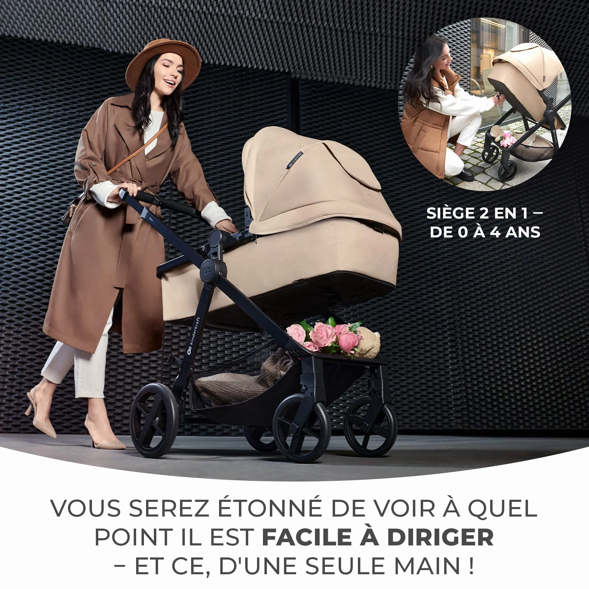 Kinderkraft NEWLY 3 en 1 Poussette Trio Système de Voyage avec Siège Auto MINK PRO I-Size 360°, Noir