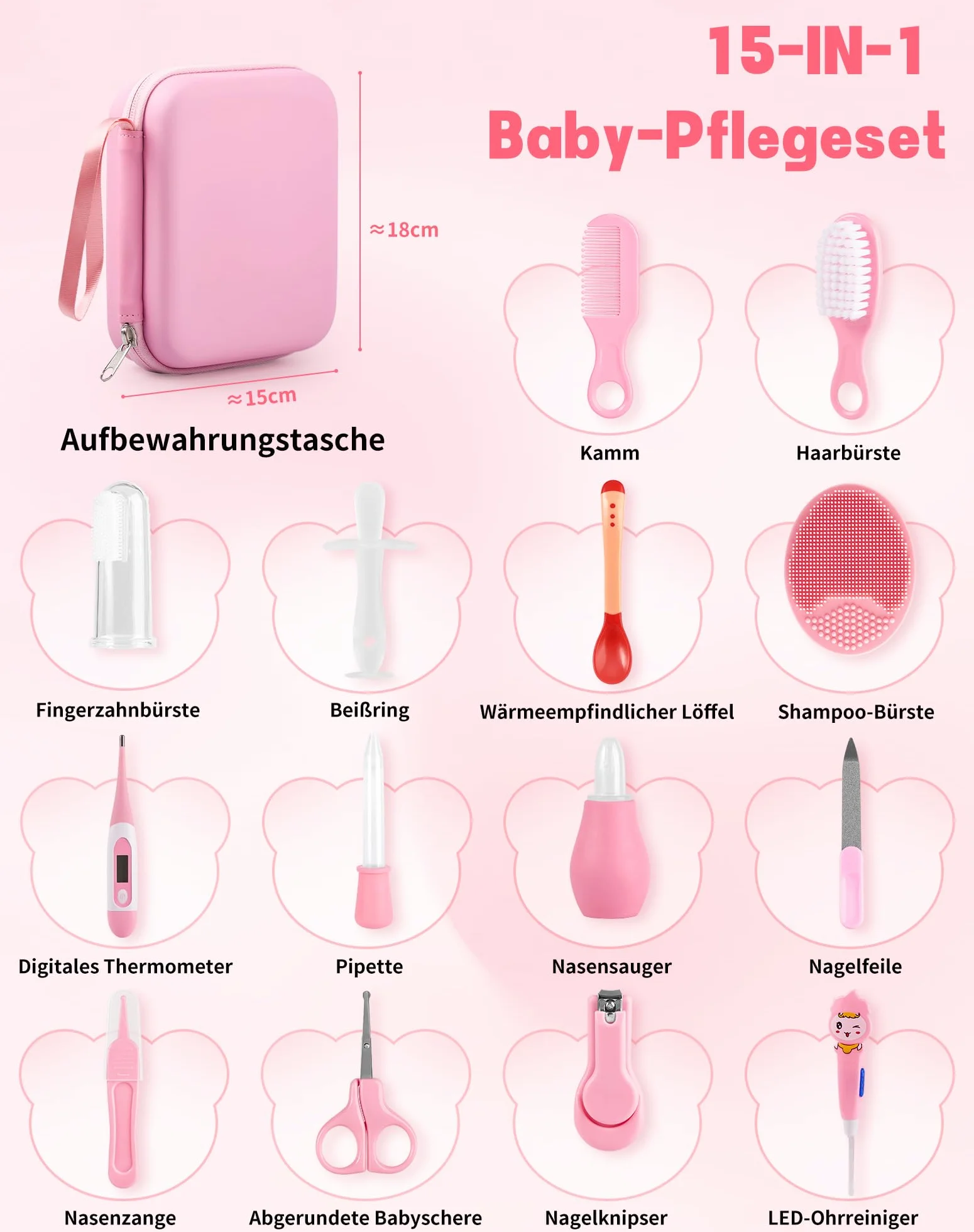Trousse de Soin Bébé Kit de Toilette Bébé 15pces Sans BPA Rose