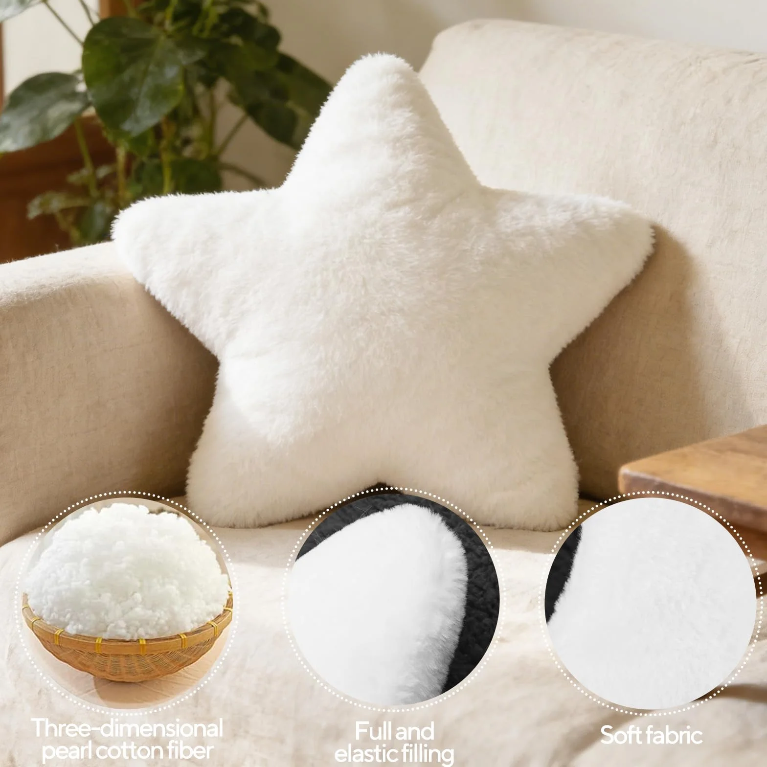Coussin en peluche étoile décoratif 30 x 30 cm Blanc