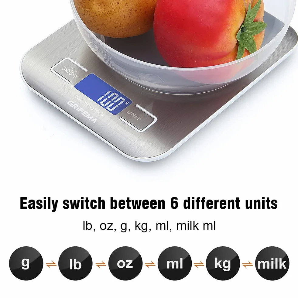 GRIFEMA GA2002 Balance de Cuisine Électronique 5000g/1g Acier Inoxydable Écran LCD